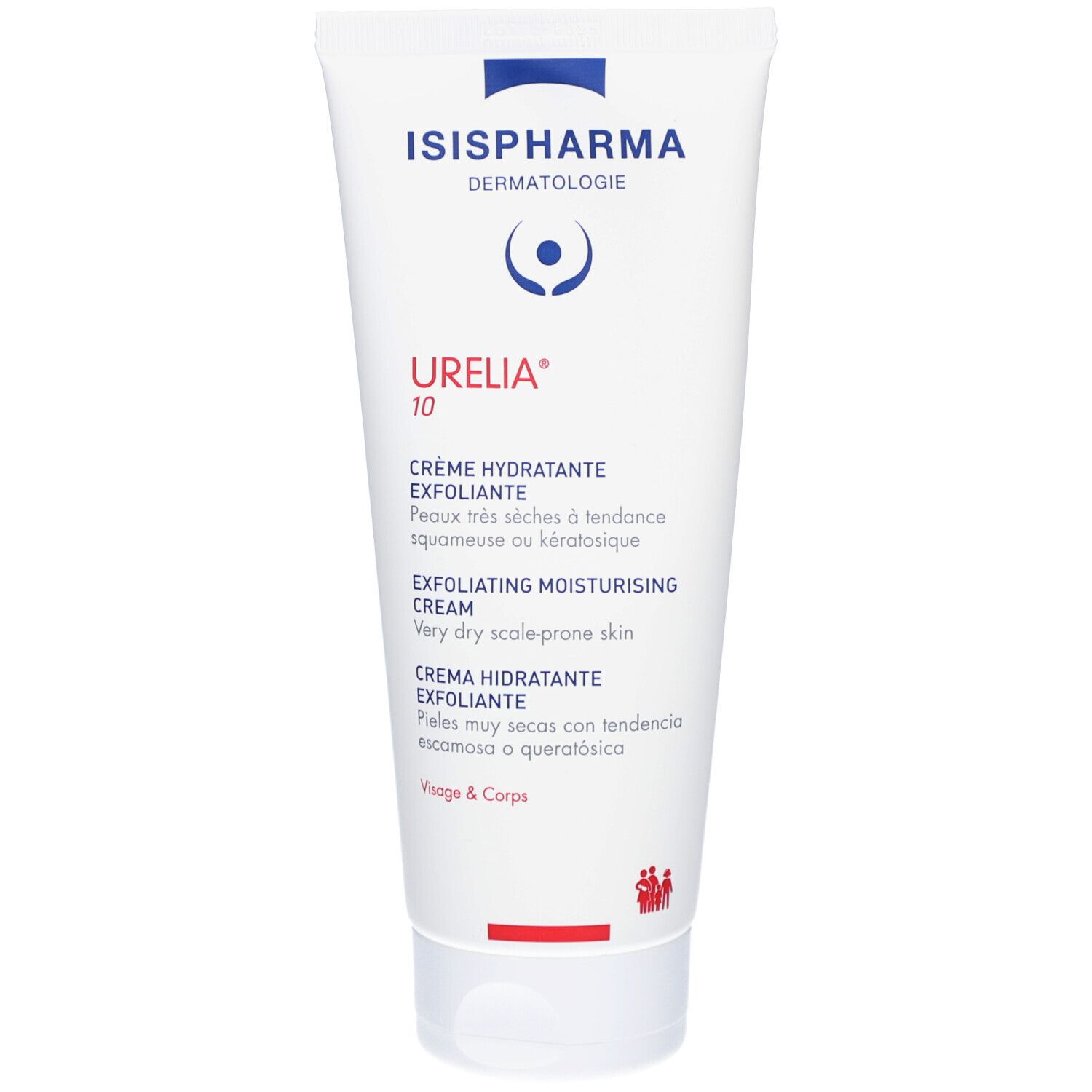 Tube blanc avec inscriptions bleues et rouges. Contient de la crème. Inscriptions: Urelia 10, crème hydratante exfoliante.