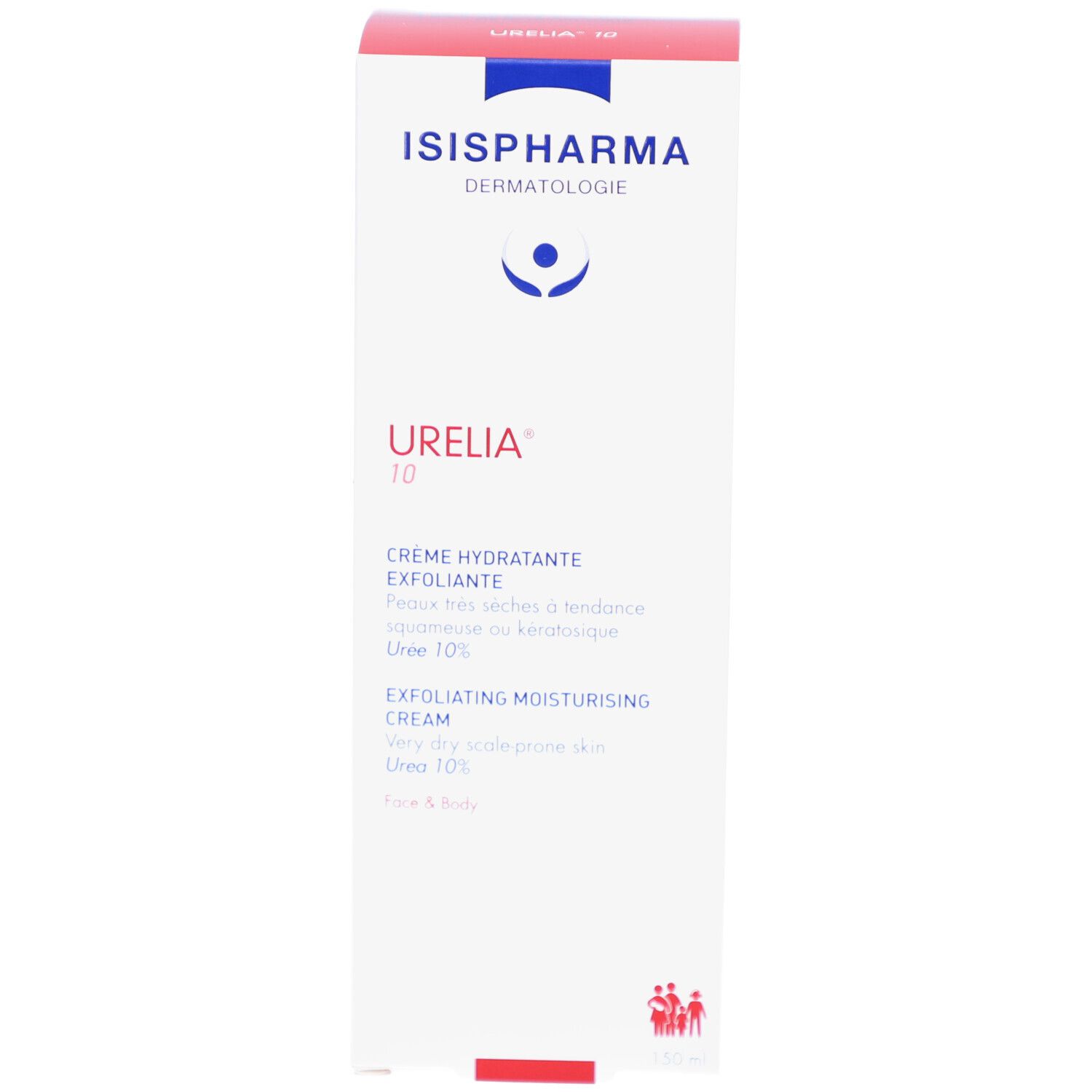 Boîte blanche avec inscriptions bleues et rouges. Inscriptions: Urelia 10, crème hydratante exfoliante. Contient crème.