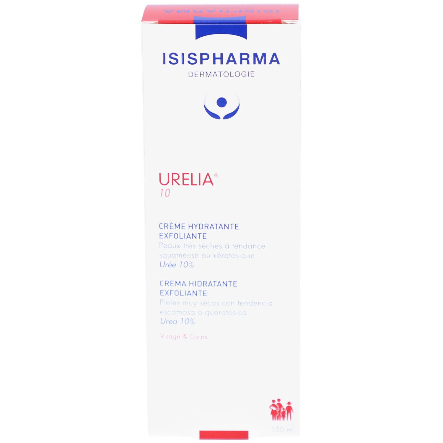 Boîte blanche avec inscriptions bleues et rouges. Inscriptions: Urelia 10, crème hydratante exfoliante. Contient crème.