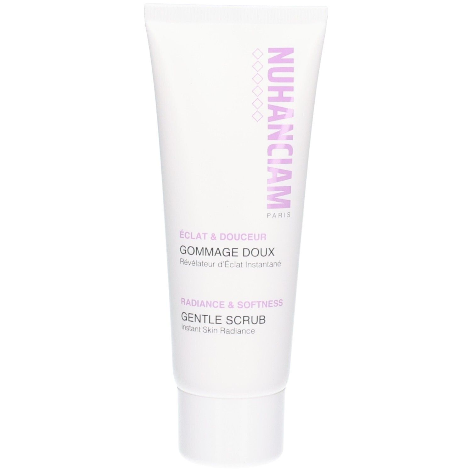 Tube blanc avec inscription Nuhanciam Paris et mention "Gommage Doux".