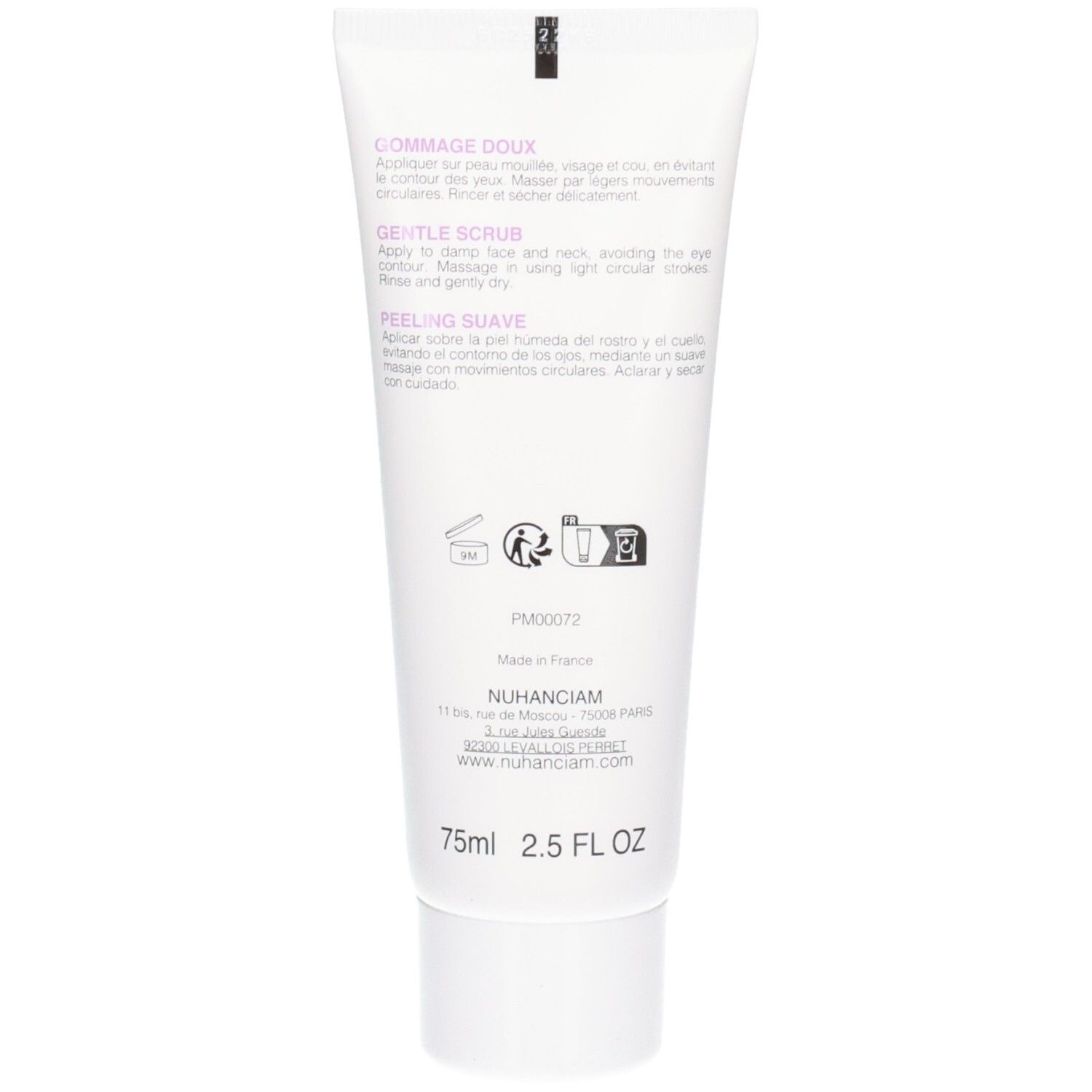 Arrière d'un tube blanc avec instructions d'utilisation et informations produit.