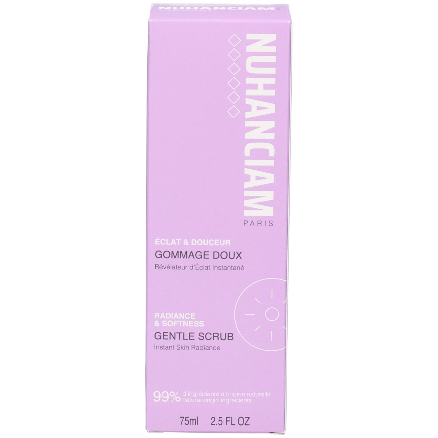 Emballage violet Nuhanciam Gommage Doux avec nom du produit et 99% d'origine naturelle.