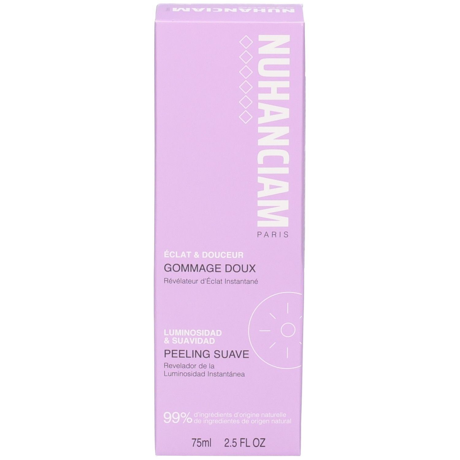 Emballage violet Nuhanciam Gommage Doux avec inscriptions en français et espagnol.