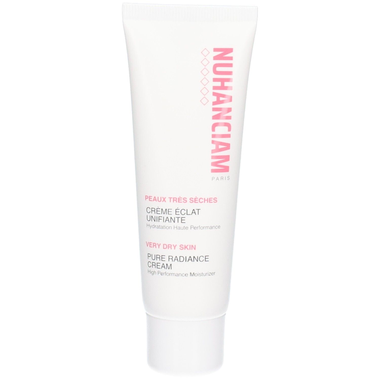 Tube blanc avec inscription rose 'NUHANCIAM PARIS'. Crème hydratante pour peaux très sèches.