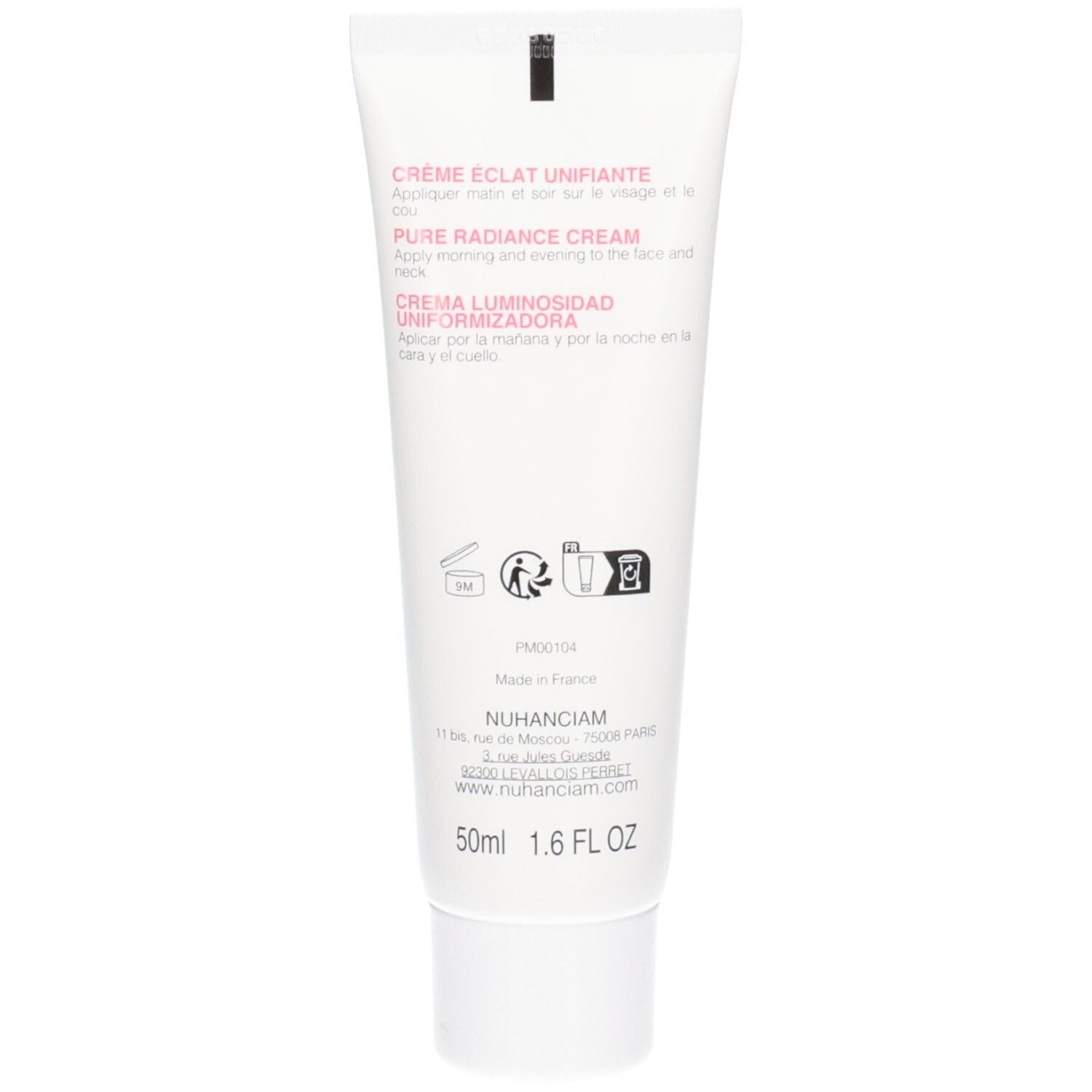 Arrière d'un tube blanc avec informations produit et mention 50ml/1.6 FL OZ. Fabriqué en France.