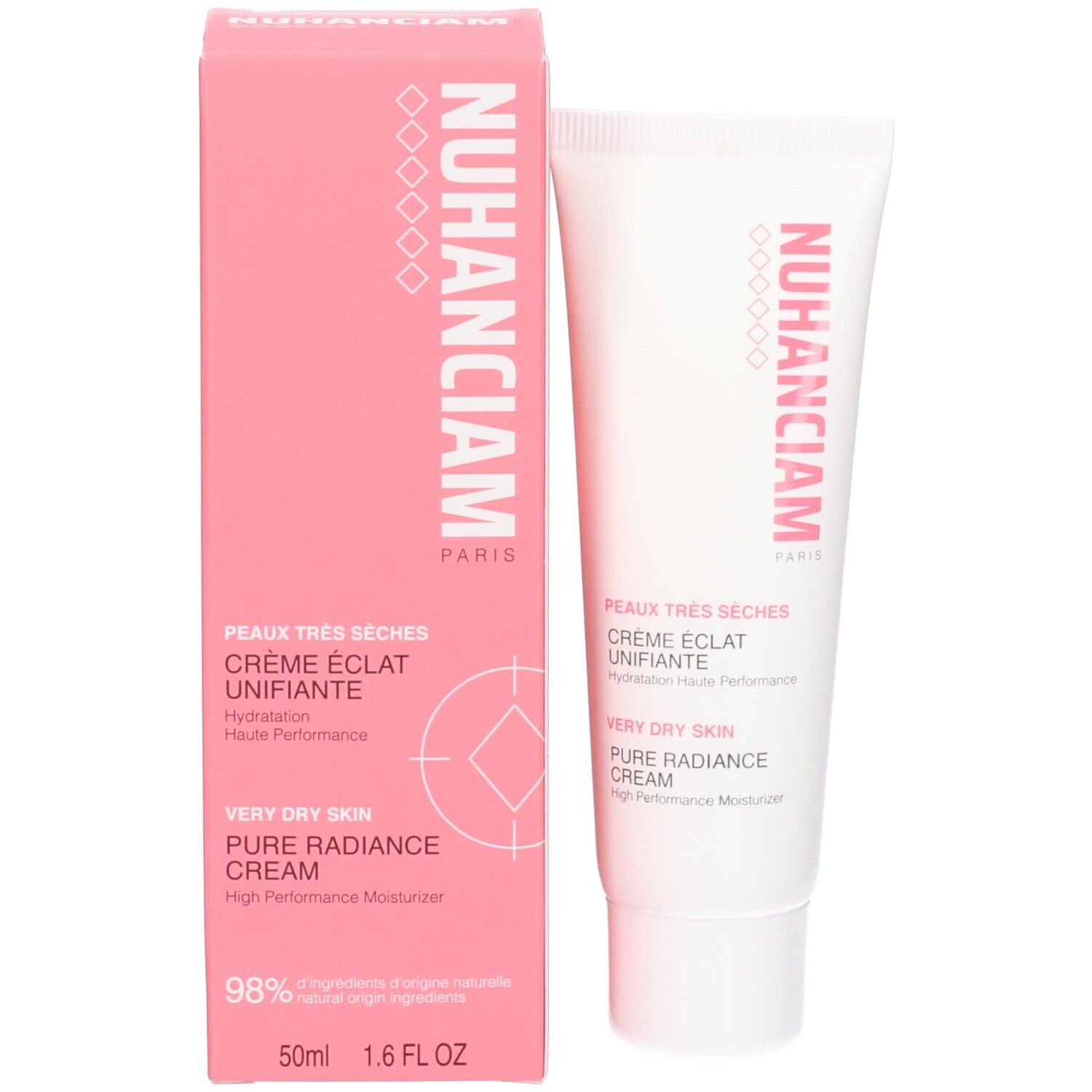Tube blanc et boîte rose pour 'NUHANCIAM Crème Éclat Unifiante'. 50ml.
