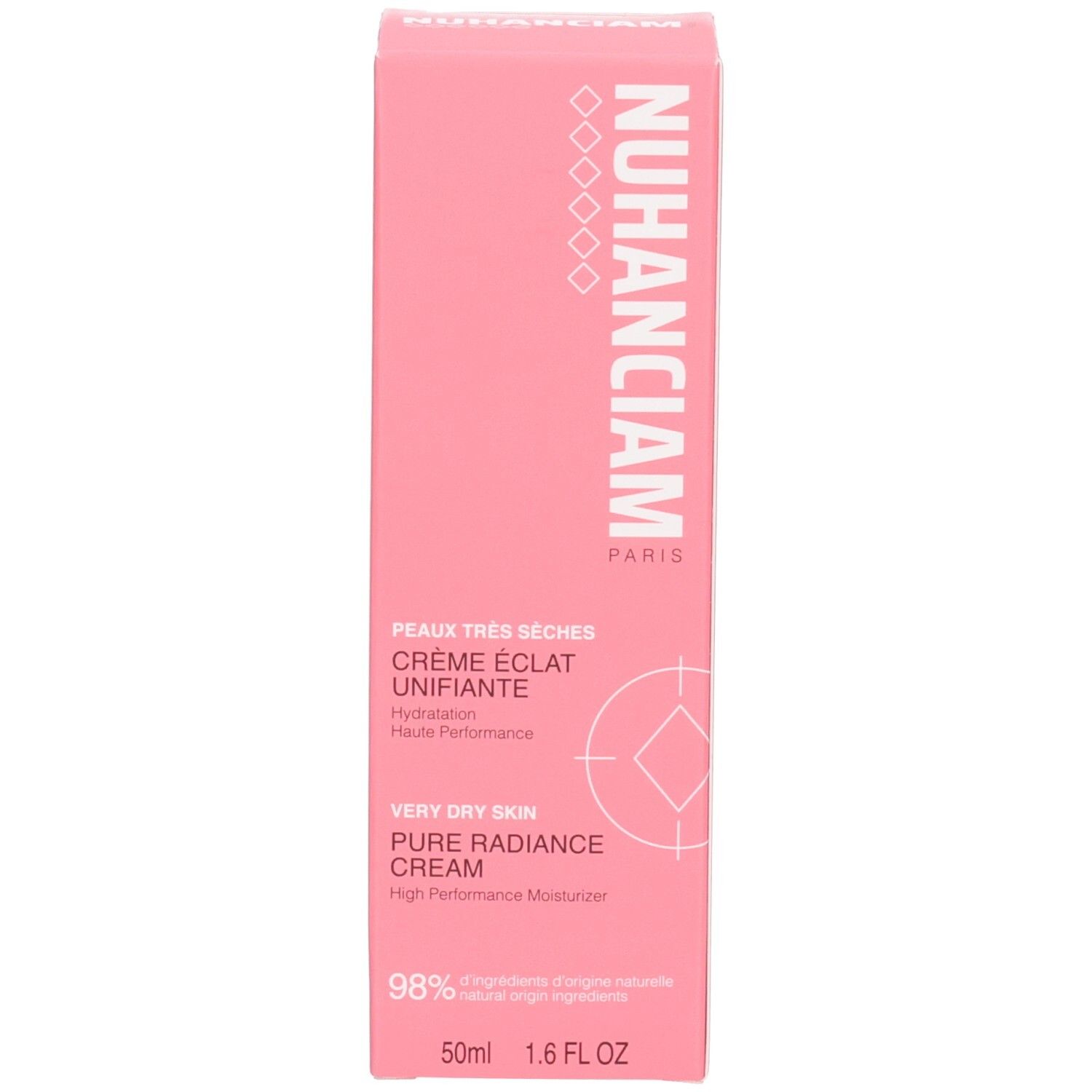 Boîte rose pour 'NUHANCIAM Crème Éclat Unifiante'. Crème hydratante pour peaux très sèches.