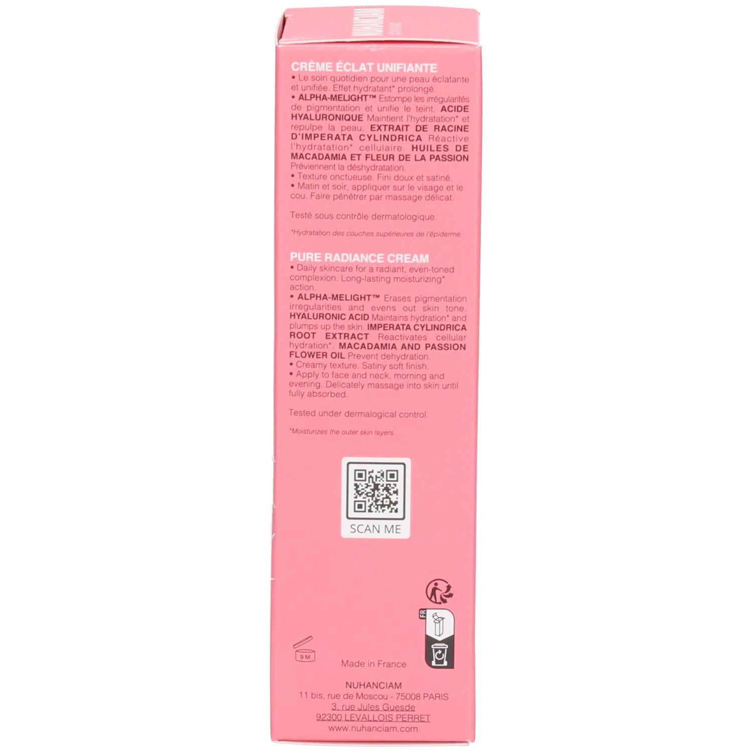 Arrière de la boîte rose avec liste détaillée des ingrédients et instructions d'utilisation.
