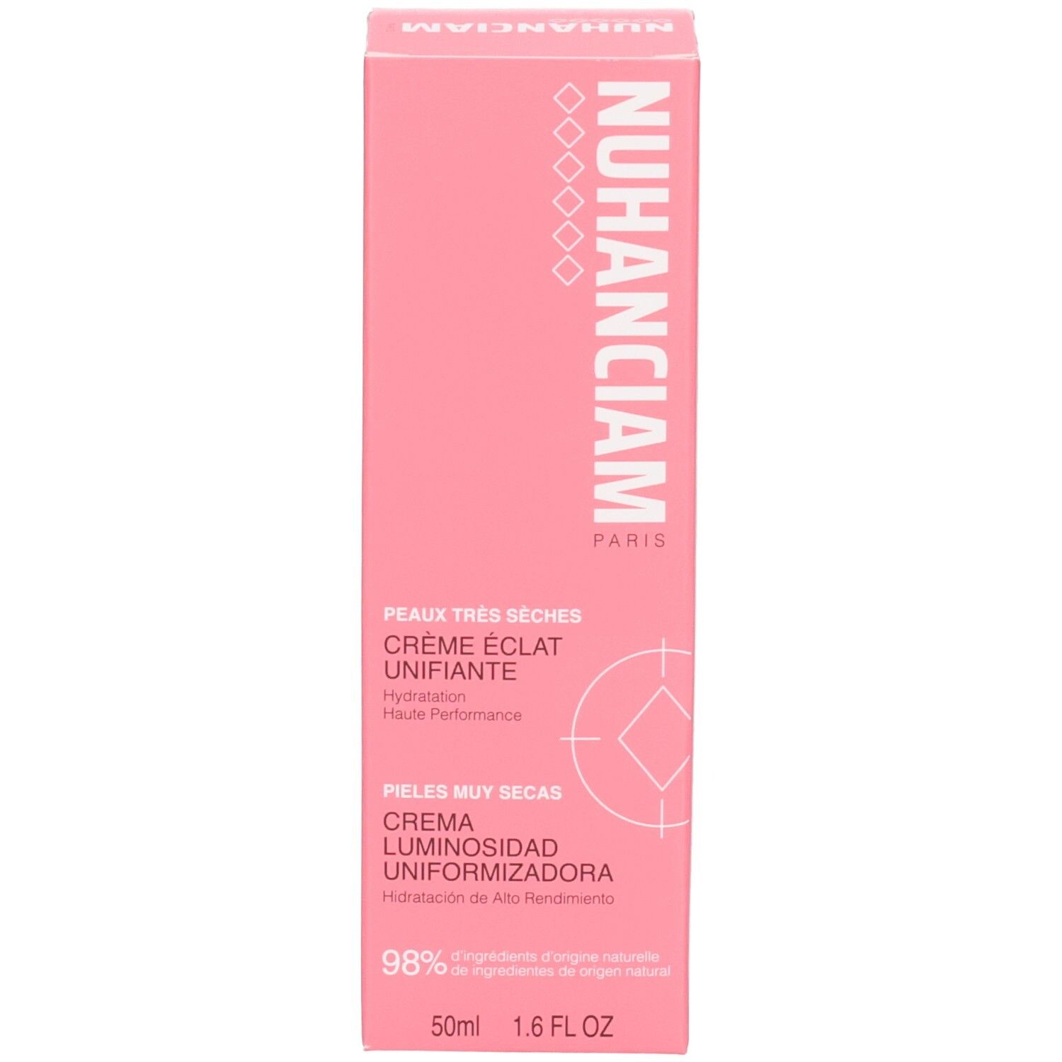 Vue latérale de la boîte rose avec nom du produit et mention 50ml/1.6 FL OZ.