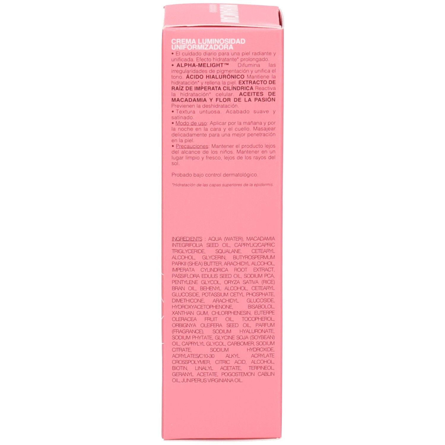 Vue latérale de la boîte rose avec ingrédients, dont acide hyaluronique et huile de macadamia.