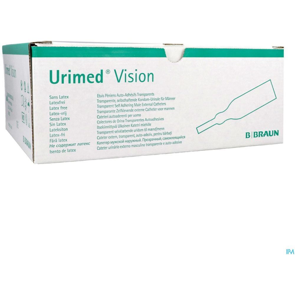 Emballage Urimed Vision. Texte : Sans latex, sans latex. Logo B. Braun. Illustration du produit.
