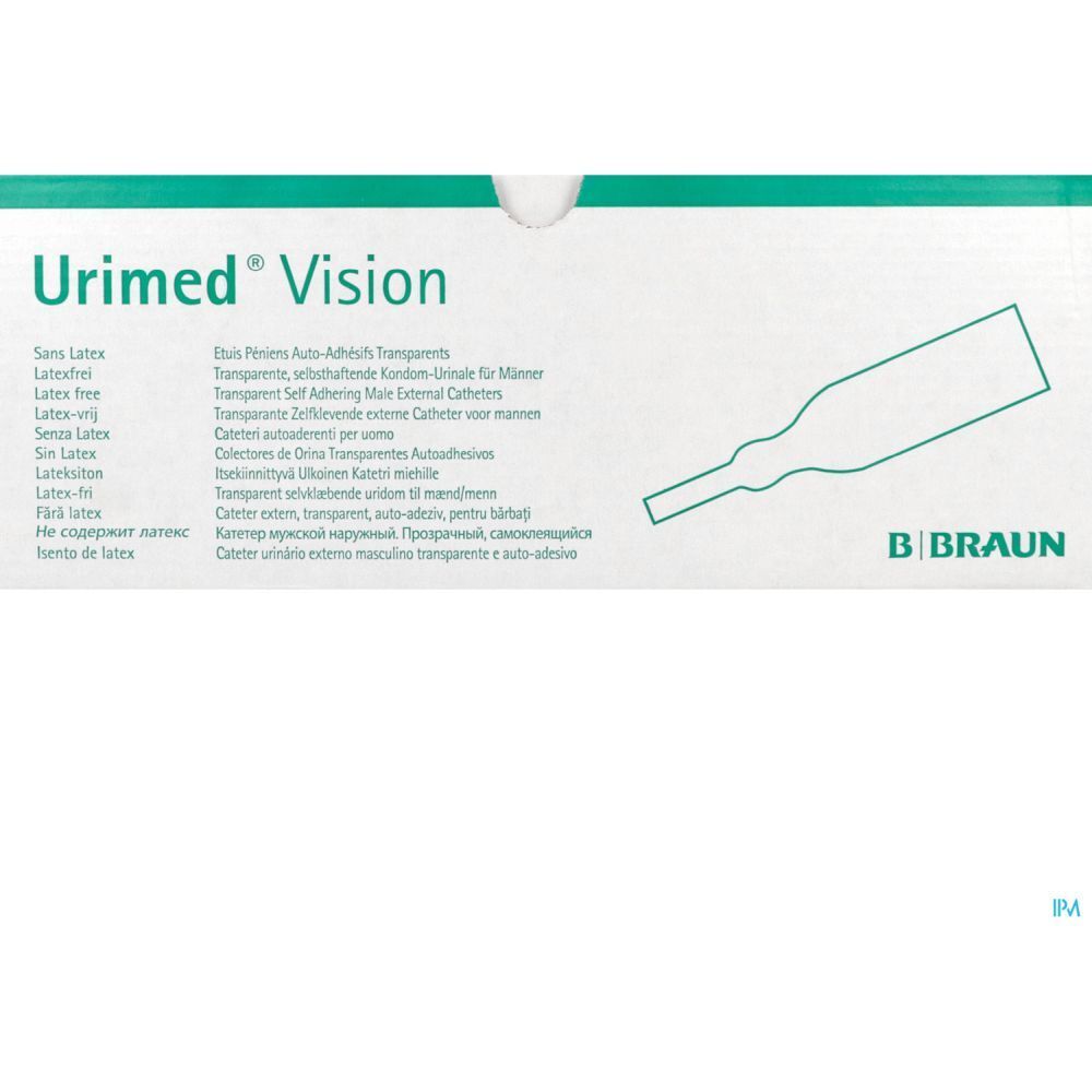 Emballage Urimed Vision. Texte : Sans latex, sans latex. Logo B. Braun. Illustration du produit.