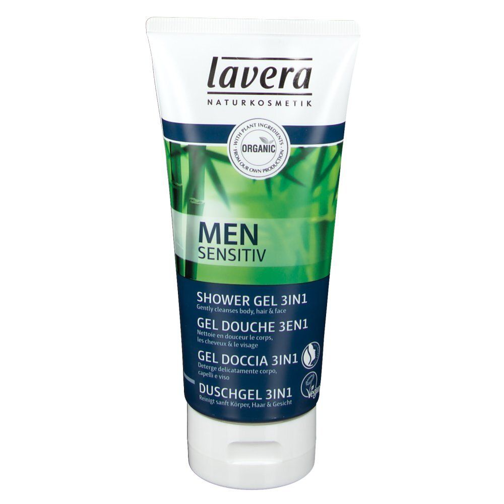 Tube blanche et verte avec nom et détails du produit. Logo Lavera en haut. Texte: MEN Sensitiv, Gel douche 3en1.