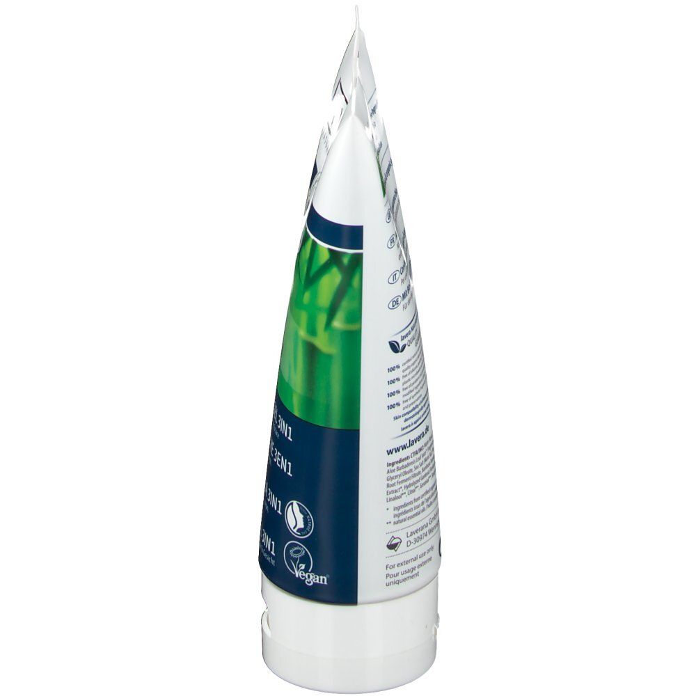 Vue latérale du tube. Blanc, vert et bleu foncé. Texte: 3en1, logo Vegan.