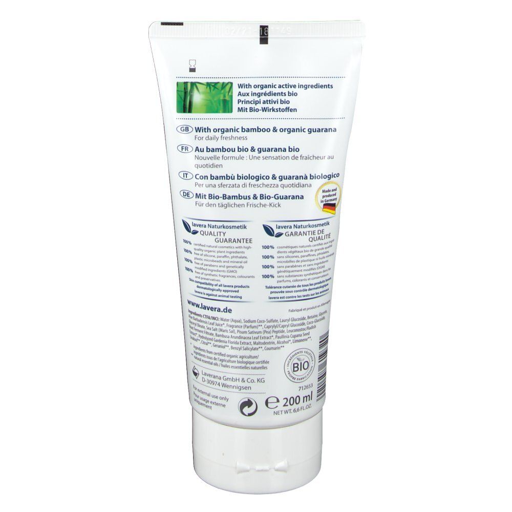 Dos du tube. Texte: ingrédients, label bio, 200 ml. Logo Lavera. Avec bambou & guarana.