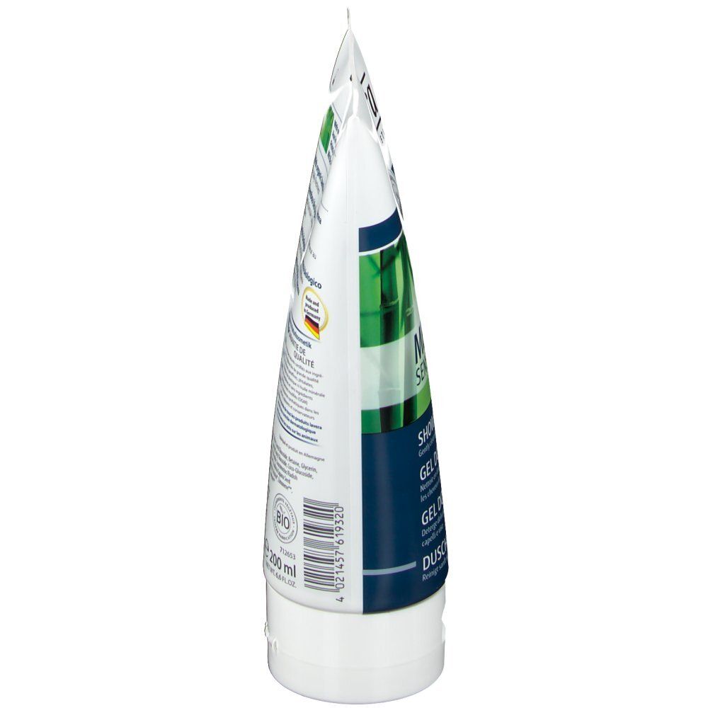 Vue latérale du tube. Blanc, vert et bleu foncé. Texte: 3en1, label bio, 200 ml.