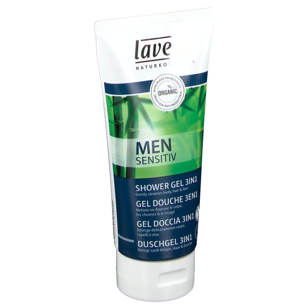 Tube blanc et vert avec nom et détails du produit. Logo Lavera en haut. Texte: MEN Sensitiv, Gel douche 3en1.