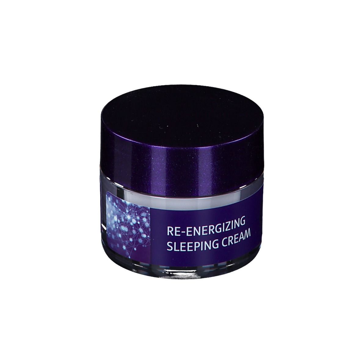 Pot de crème avec couvercle et étiquette violets. Inscription : Re-Energizing Sleeping Cream. Marque : lavera.