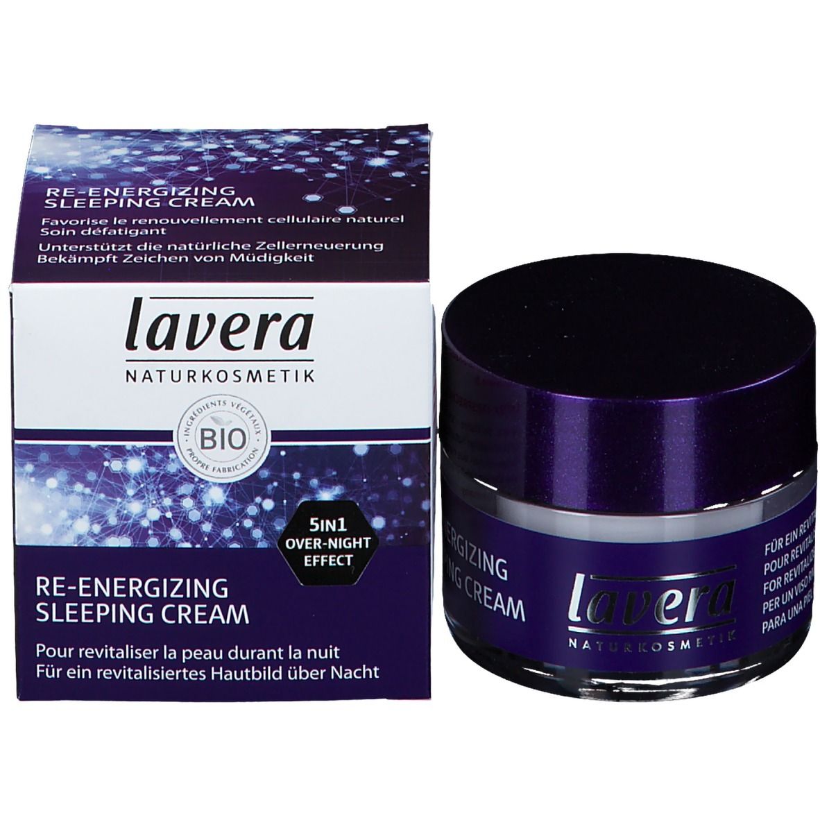 Pot de crème et boîte. Inscription : Re-Energizing Sleeping Cream. Marque : lavera. Label bio.