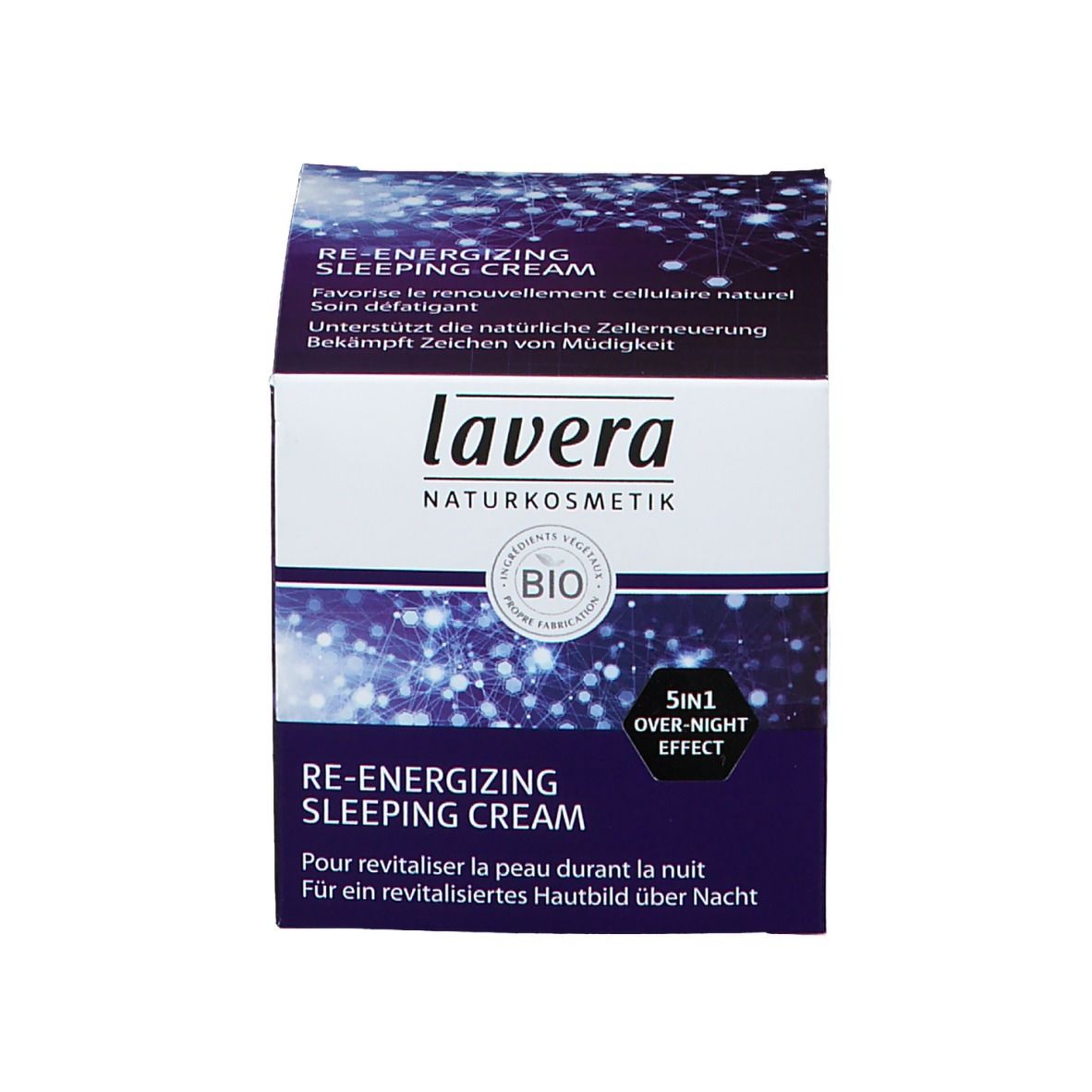 Boîte avec inscription : Re-Energizing Sleeping Cream. Marque : lavera. Label bio.
