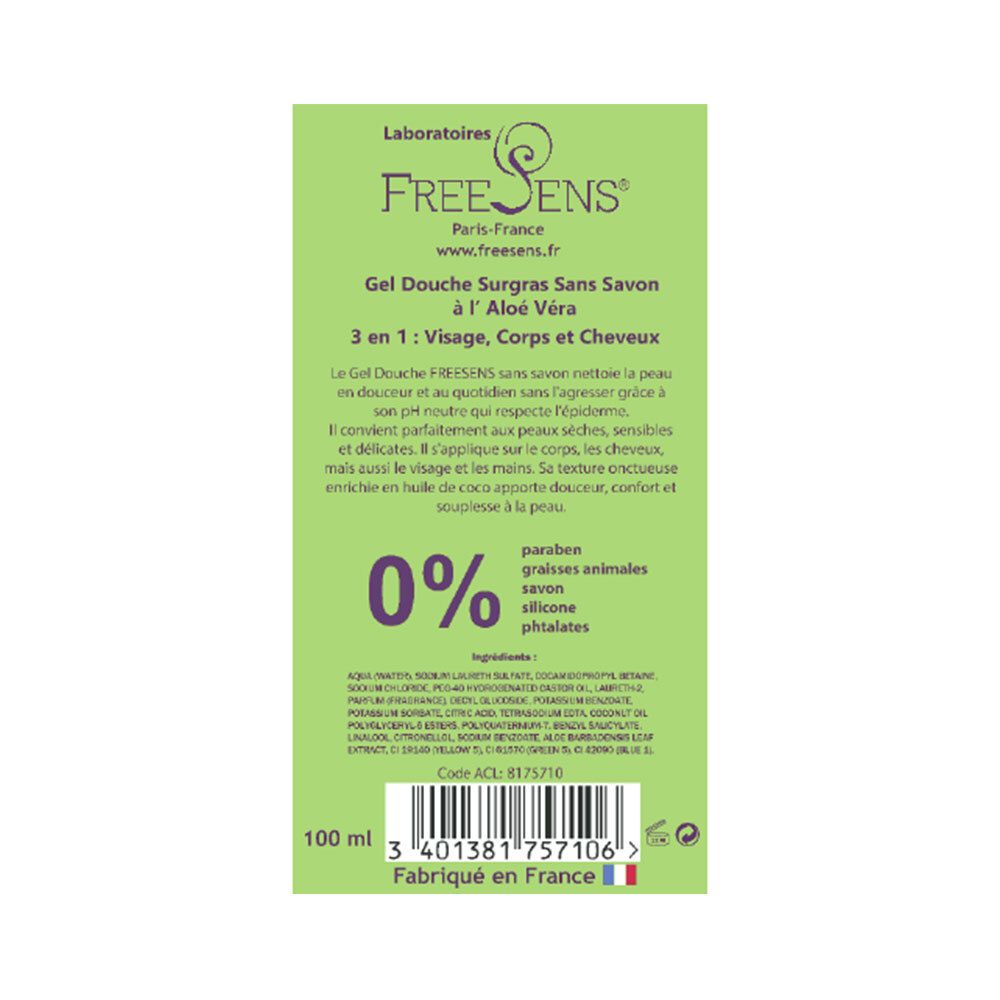 Étiquette verte avec texte. Nom du produit, ingrédients et logo. Indication 0%.