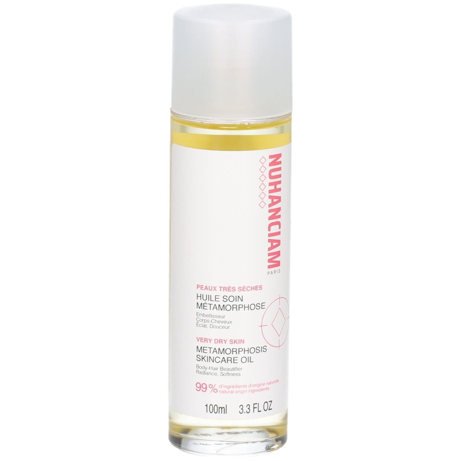 NUHANCIAM HUILE SOIN MÉTAMORPHOSE Huile pour peaux très sèches. Liquide transparent en flacon de verre.