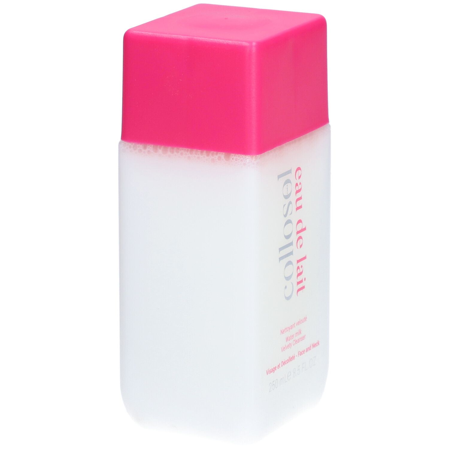 Flacon blanc, bouchon rose. Inscription: collosol eau de lait. Texte: Nettoyant velouté, Water milk, Velvety Cleanser. Visage et Décolleté.