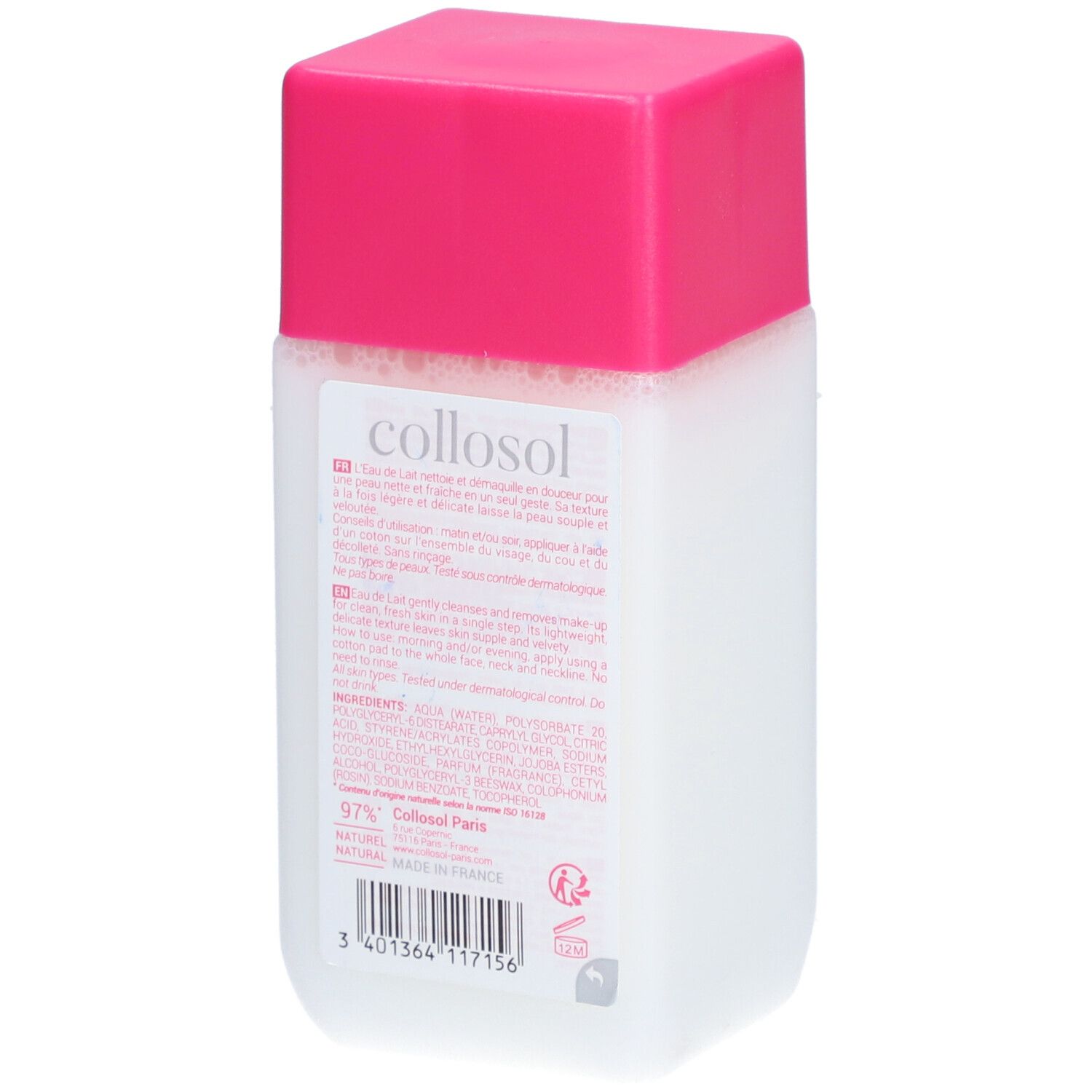 Dos d'un flacon blanc, bouchon rose. Texte et ingrédients. Inscription: collosol. Fabriqué en France.