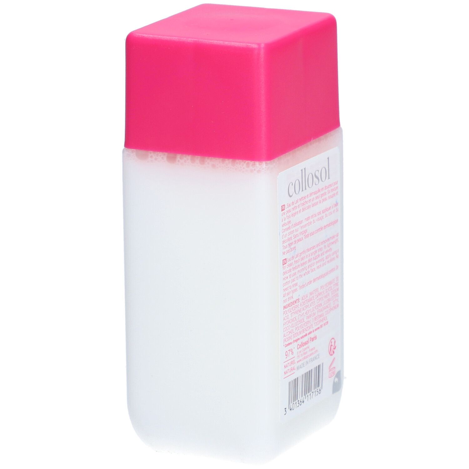Dos d'un flacon blanc, bouchon rose. Texte et ingrédients. Inscription: collosol. Fabriqué en France.
