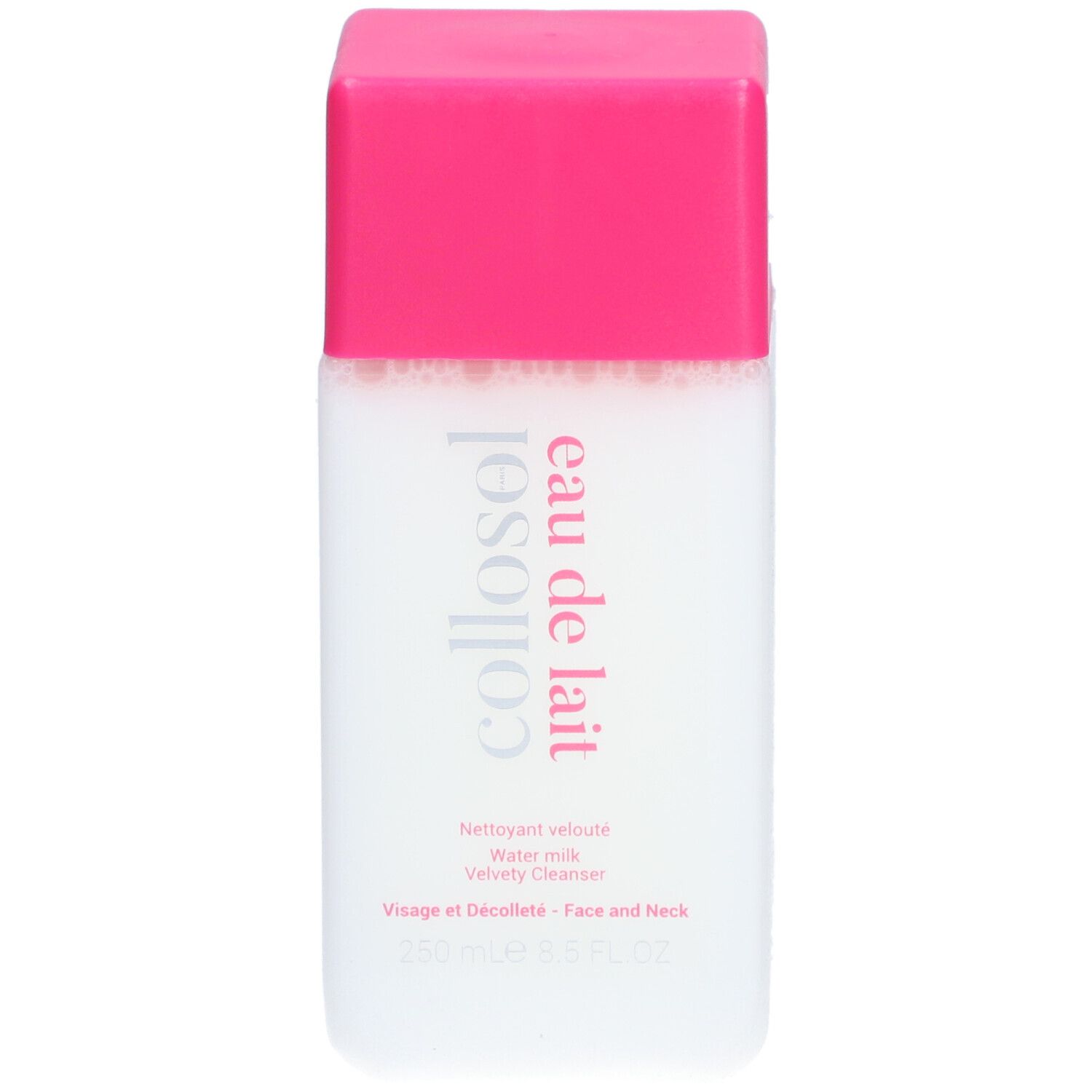 Flacon blanc, bouchon rose. Inscription: collosol eau de lait. Texte: Nettoyant velouté, Water milk, Velvety Cleanser. Visage et Décolleté.