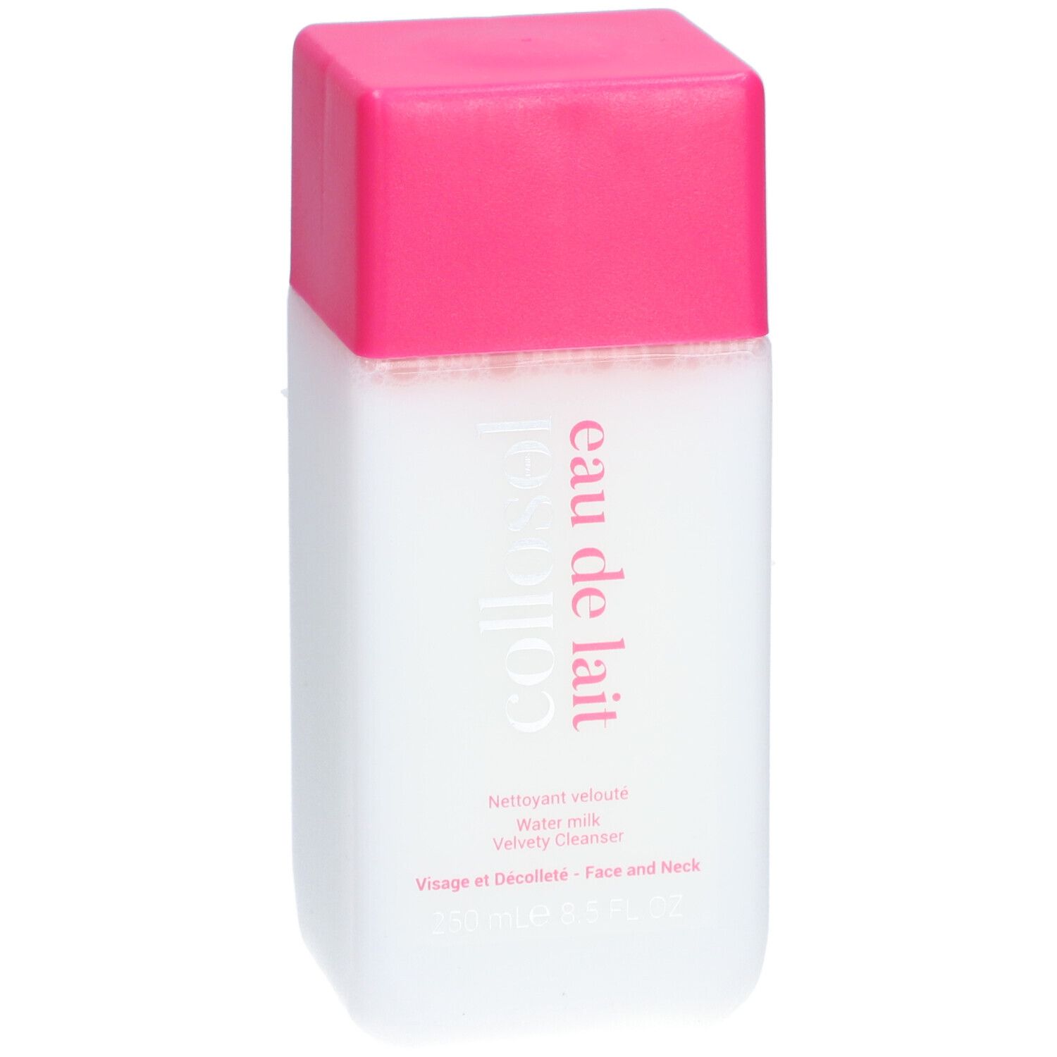 Flacon blanc, bouchon rose. Inscription: collosol eau de lait. Texte: Nettoyant velouté, Water milk, Velvety Cleanser. Visage et Décolleté.