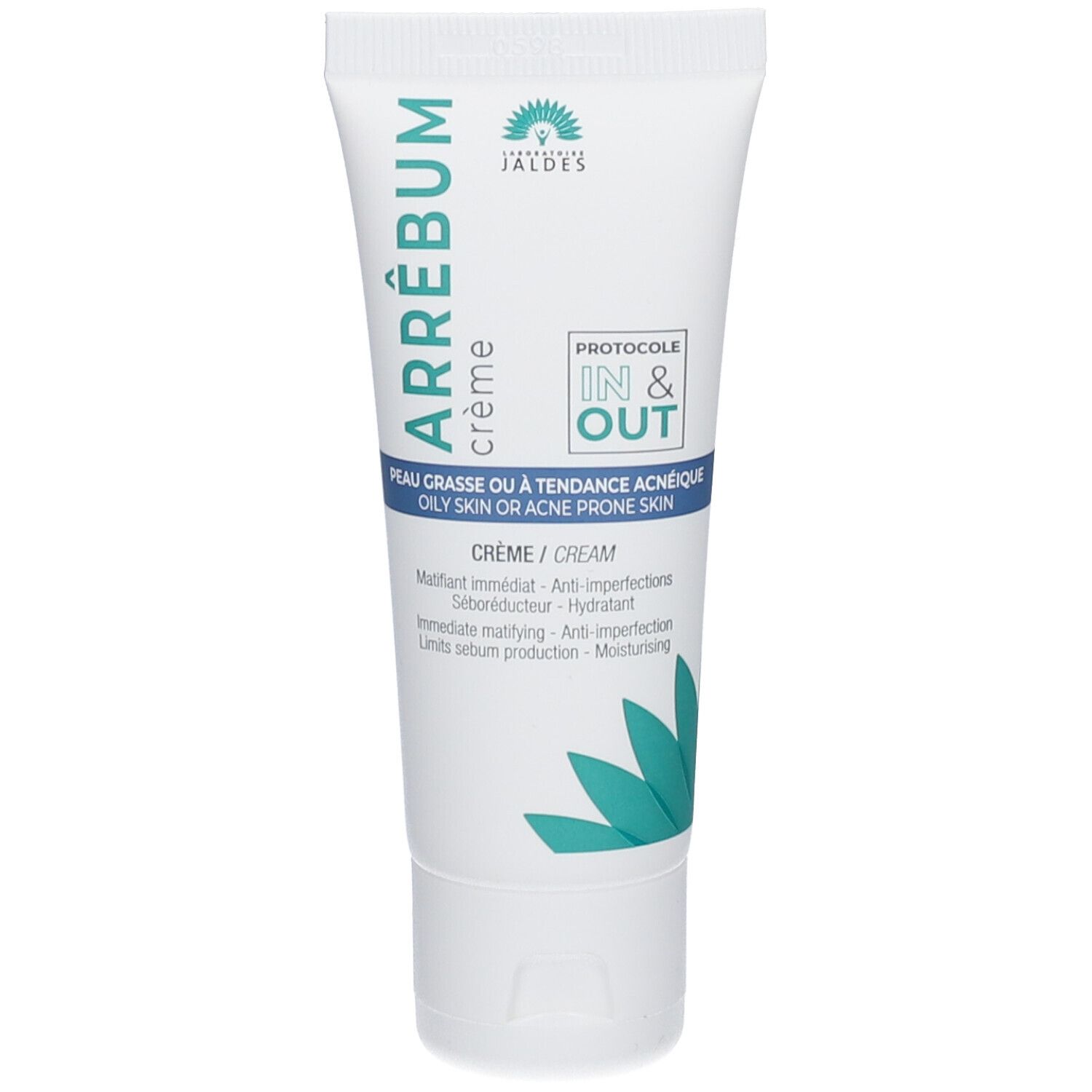 Tube de crème ARRÊBUM, blanc, bleu et vert. Texte: Crème anti-imperfections, pour peaux grasses. Ingrédients visibles.