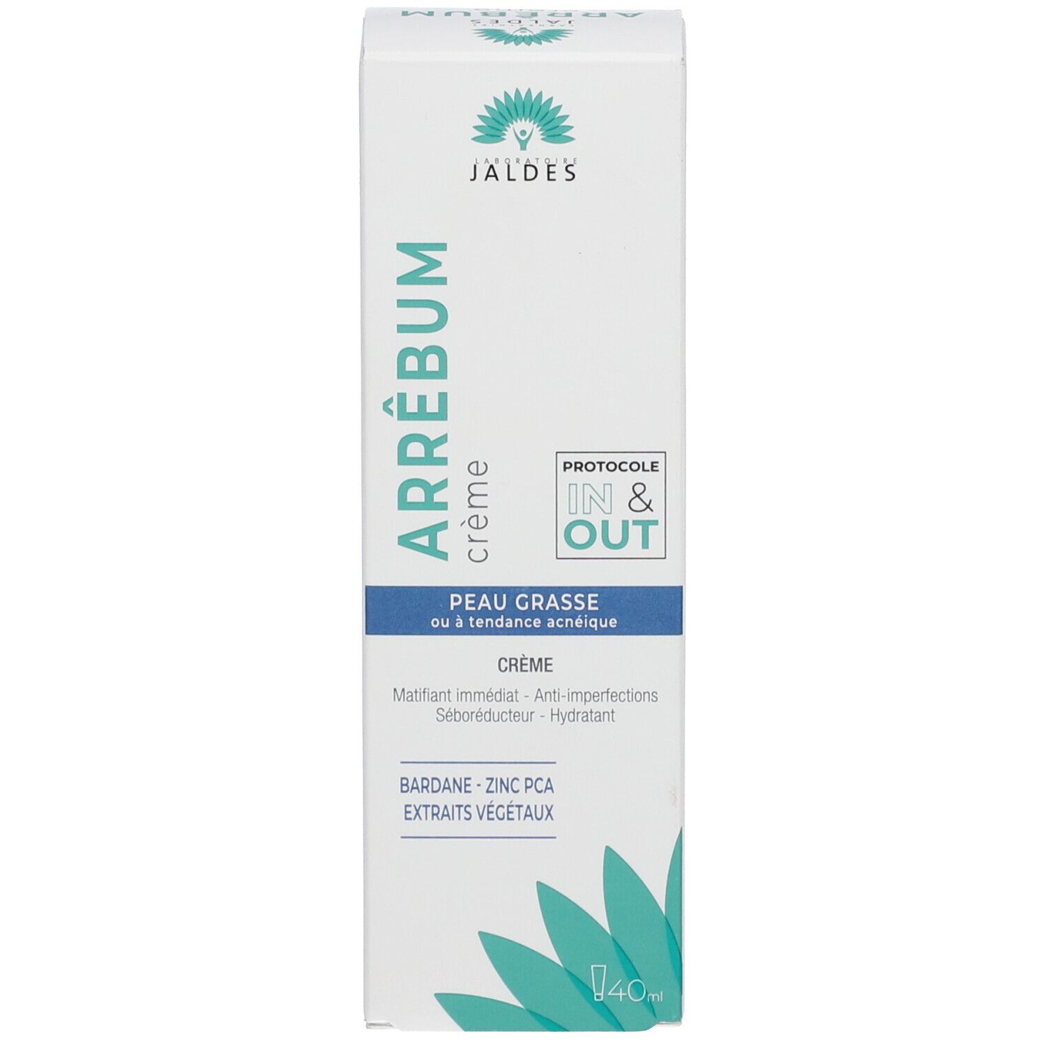 Boîte blanche de crème ARRÊBUM. Texte: Nom du produit, logo, pour peaux grasses. Accents bleus et verts.