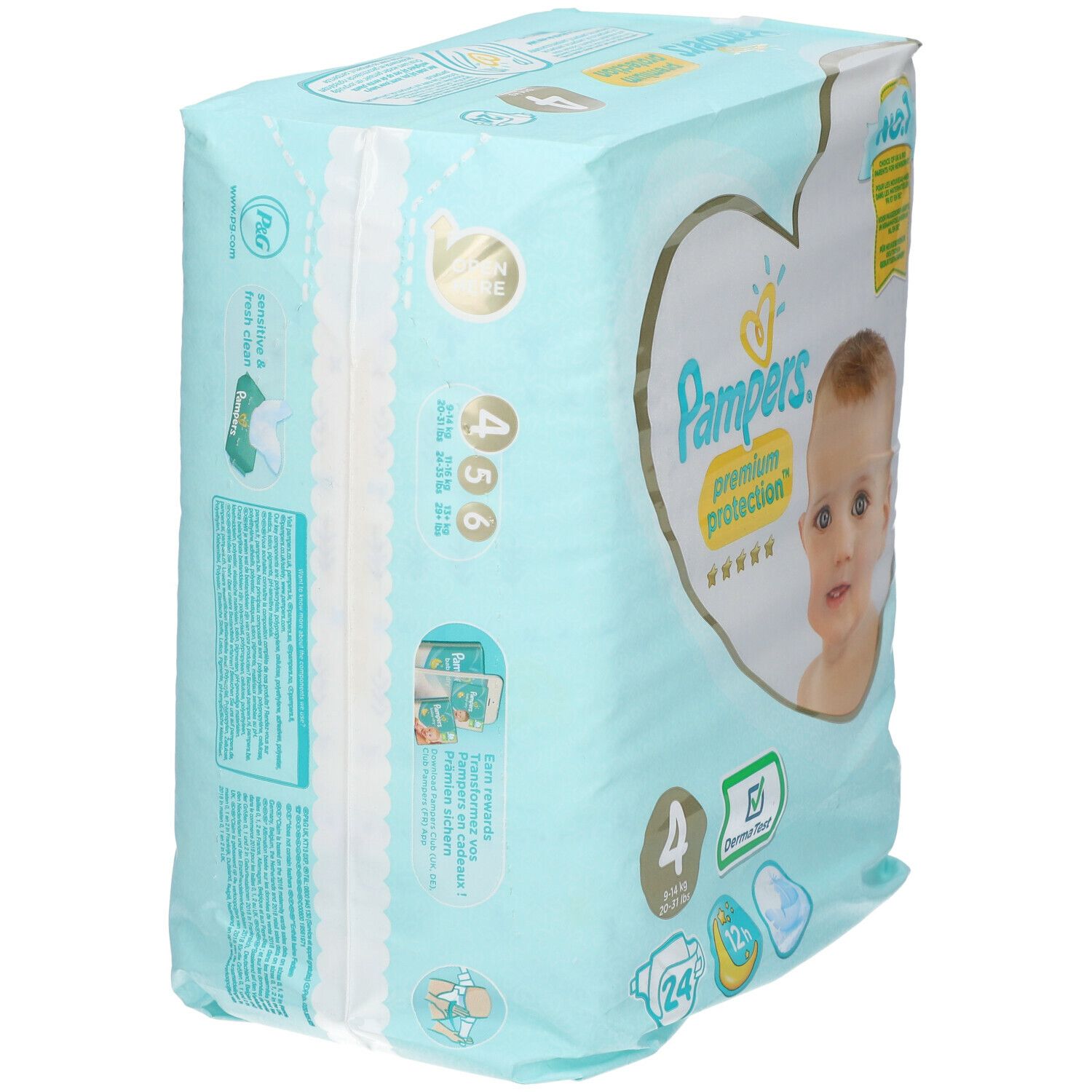 Couches Pampers Premium Protection Taille 4. Emballage avec visage de bébé. Tailles 4, 5, 6. Label DermaTest.