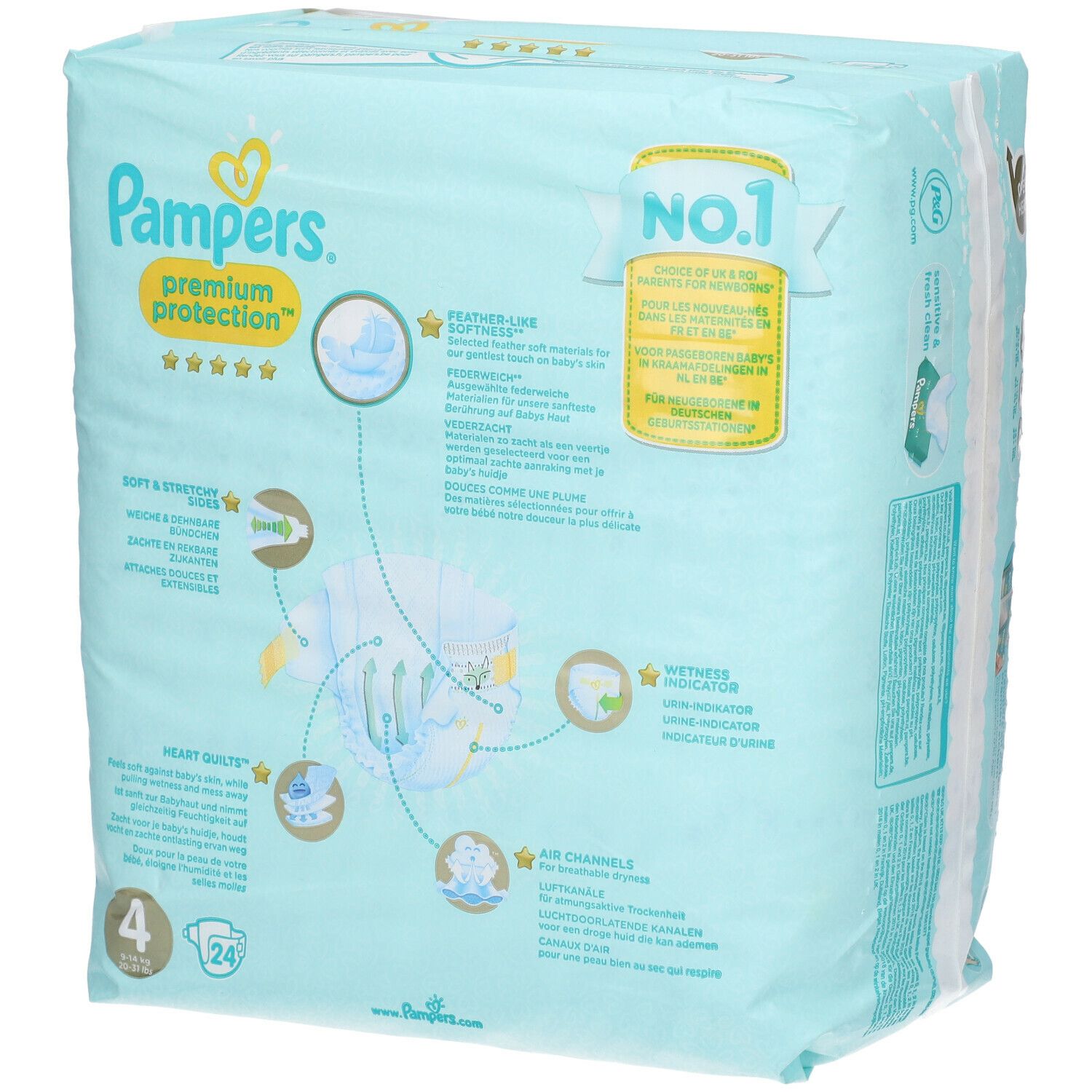 Couches Pampers Premium Protection Taille 4. Dos avec informations produit. Indicateur d'humidité. Canaux d'air.