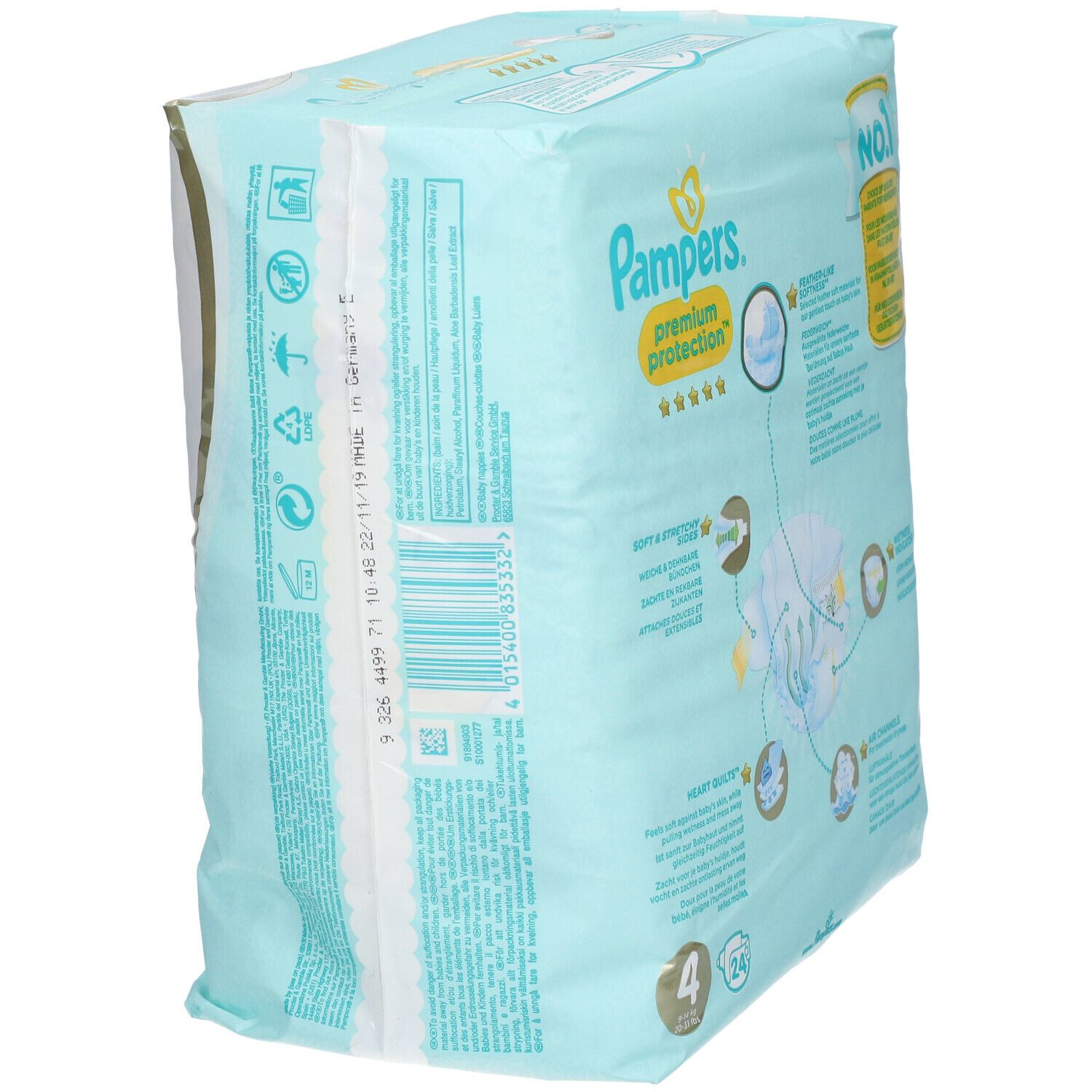 Couches Pampers Premium Protection Taille 4. Emballage avec informations produit. Indicateur d'humidité. Canaux d'air.