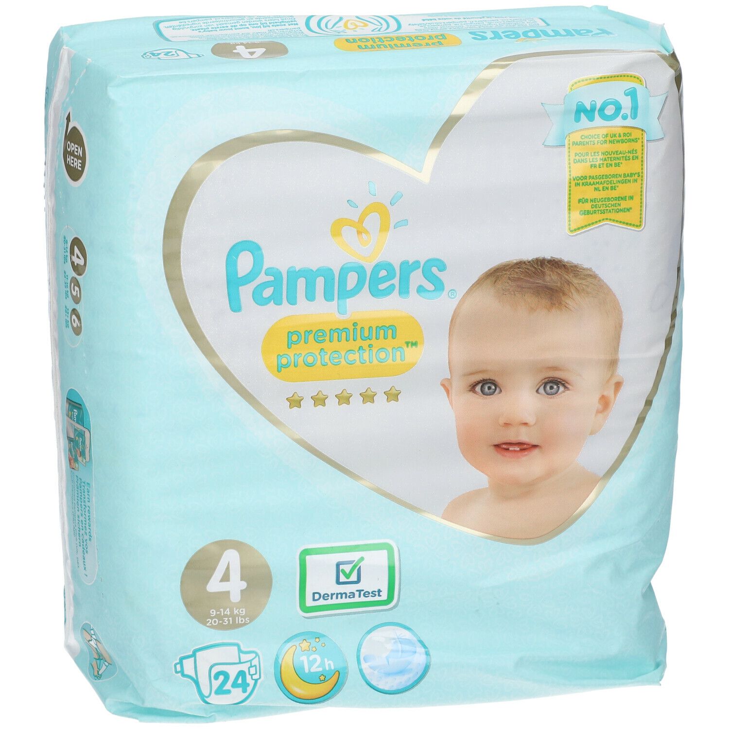 Paquet de couches Pampers Premium Protection Taille 4, 24 unités. Visage de bébé dans un cœur. Label DermaTest.
