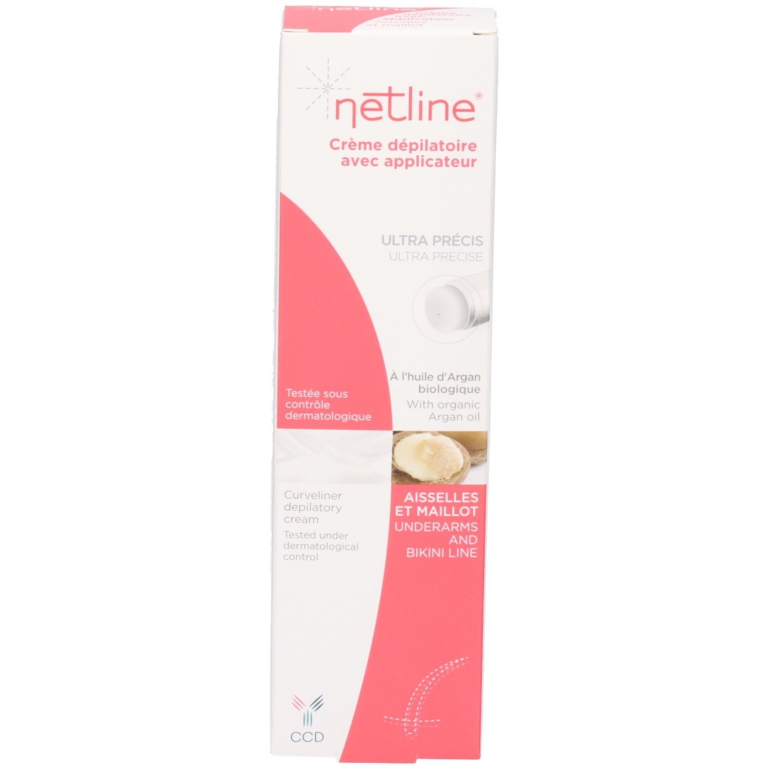 Face avant de la boîte Netline Crème dépilatoire. À l'huile d'Argan. Testé dermatologiquement.