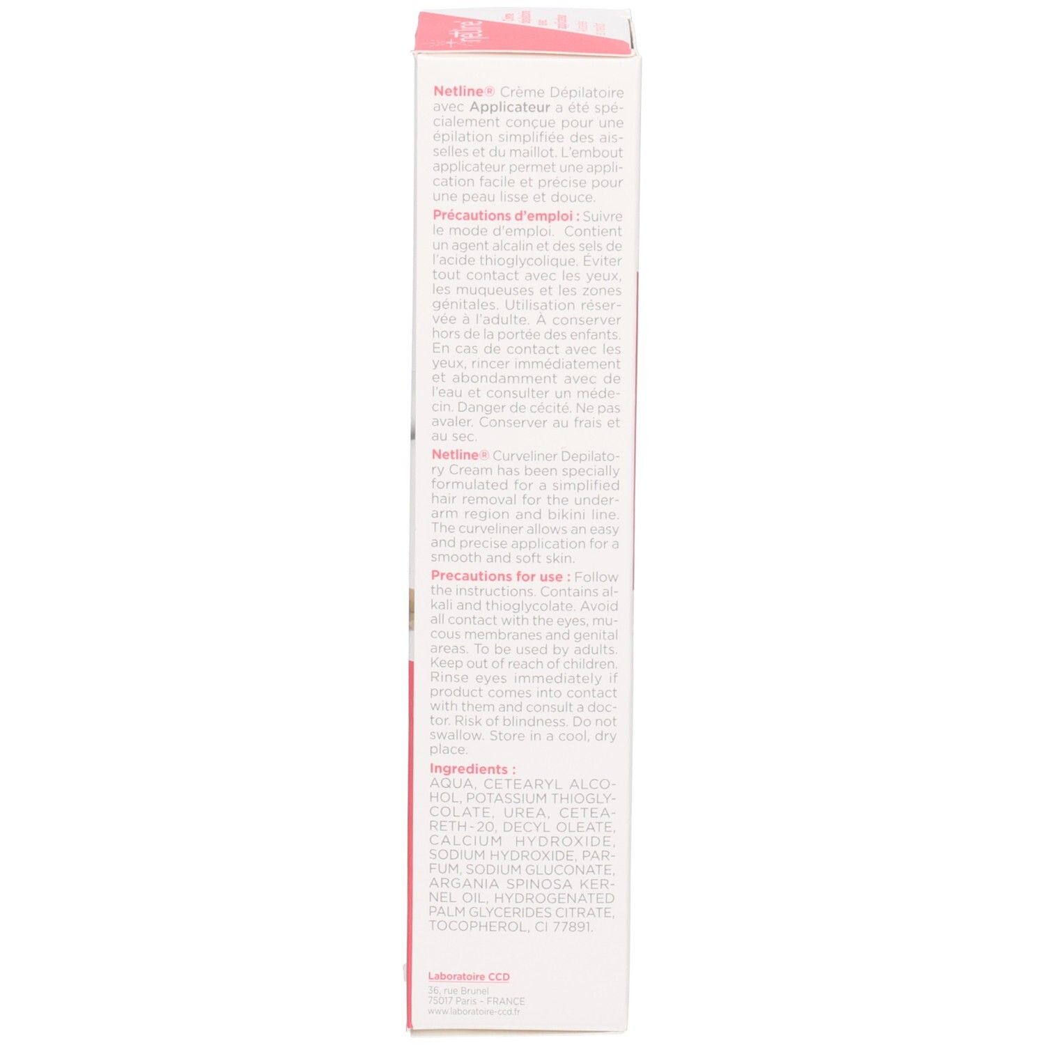 Vue latérale de la boîte Netline Crème dépilatoire. Contient ingrédients et instructions.