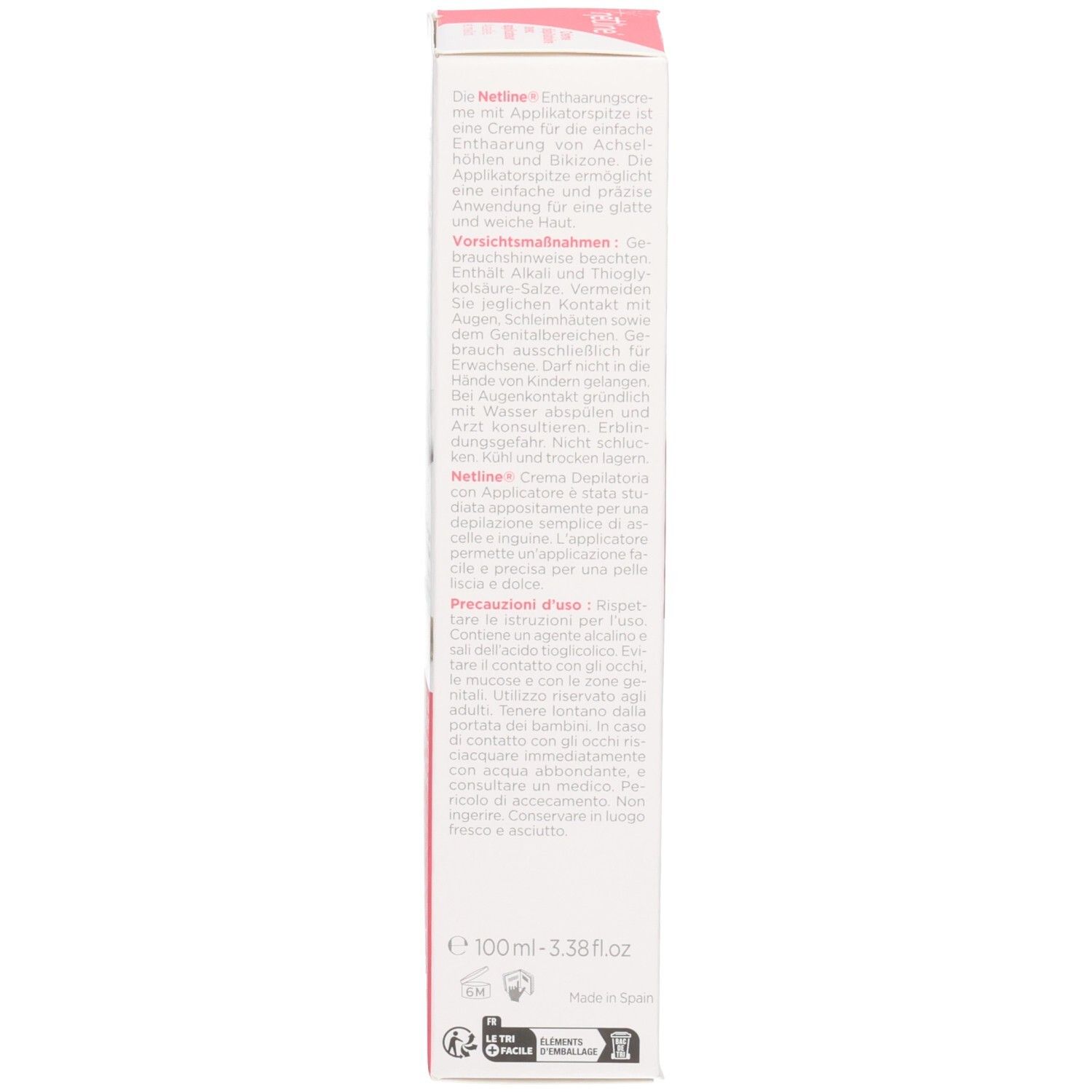 Dos de la boîte Netline Crème dépilatoire. Contient instructions, ingrédients et quantité.