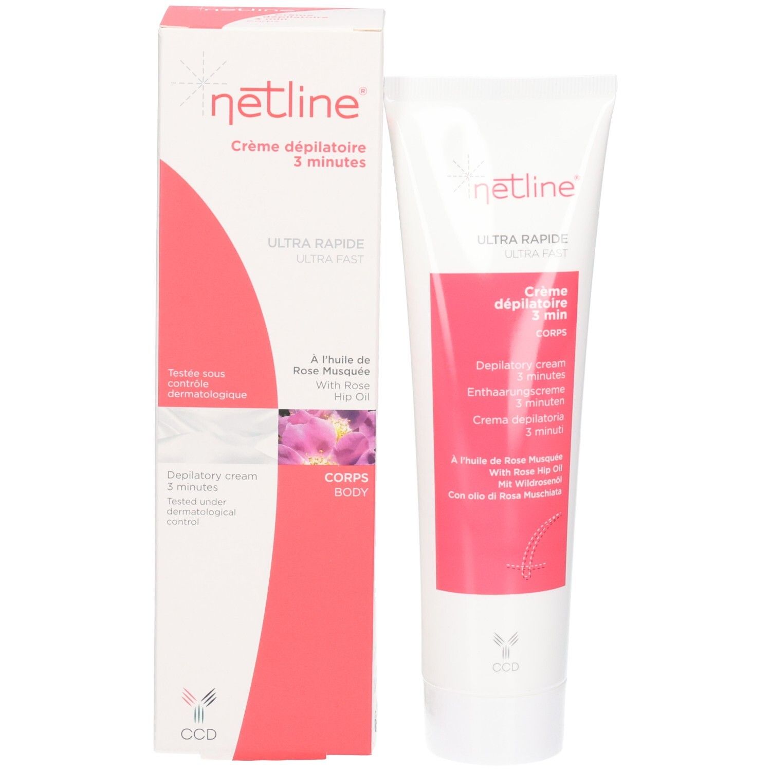 Tube Netline Crème dépilatoire 3 minutes et boîte pliante avec motif rose.