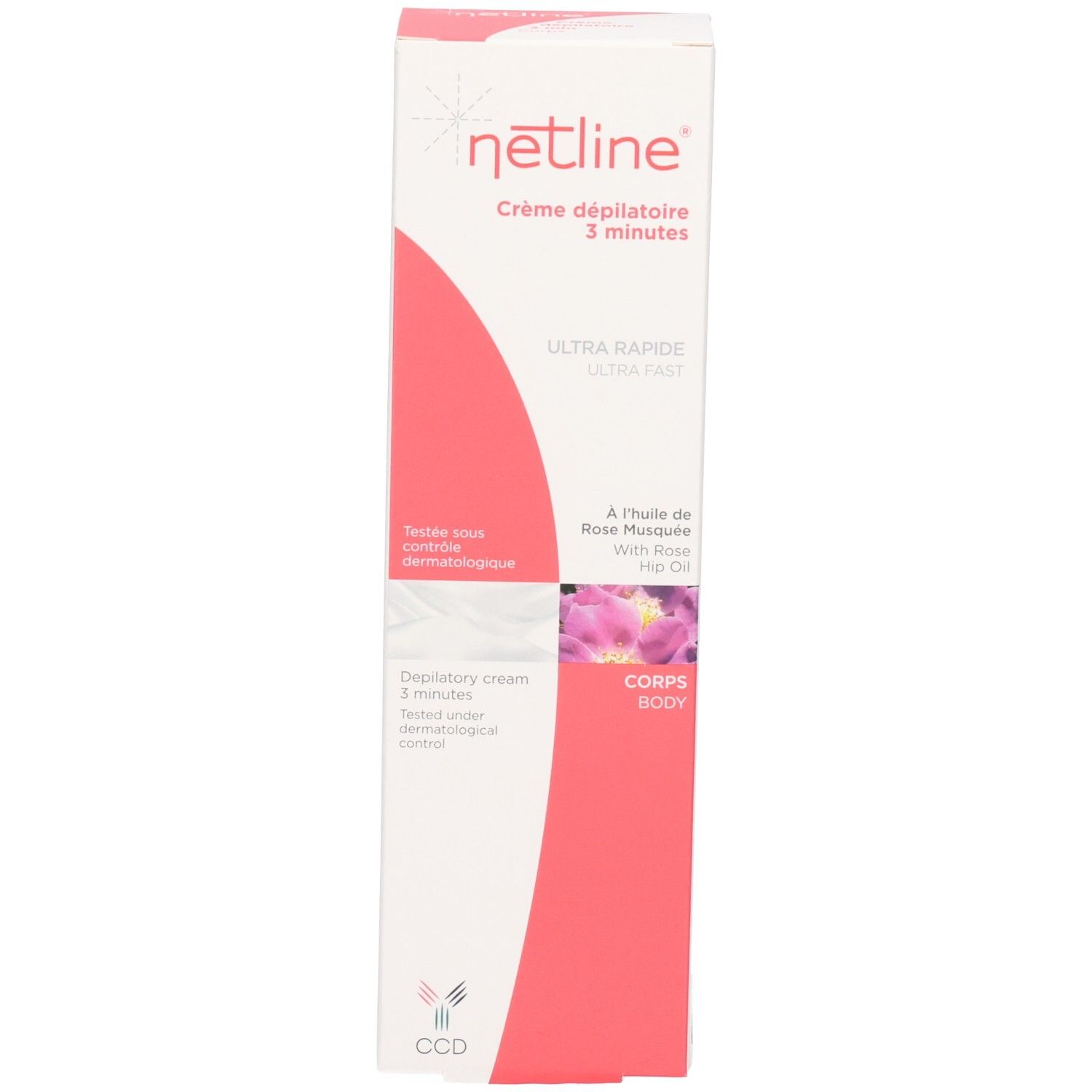 Boîte pliante Netline Crème dépilatoire 3 minutes avec motif rose.
