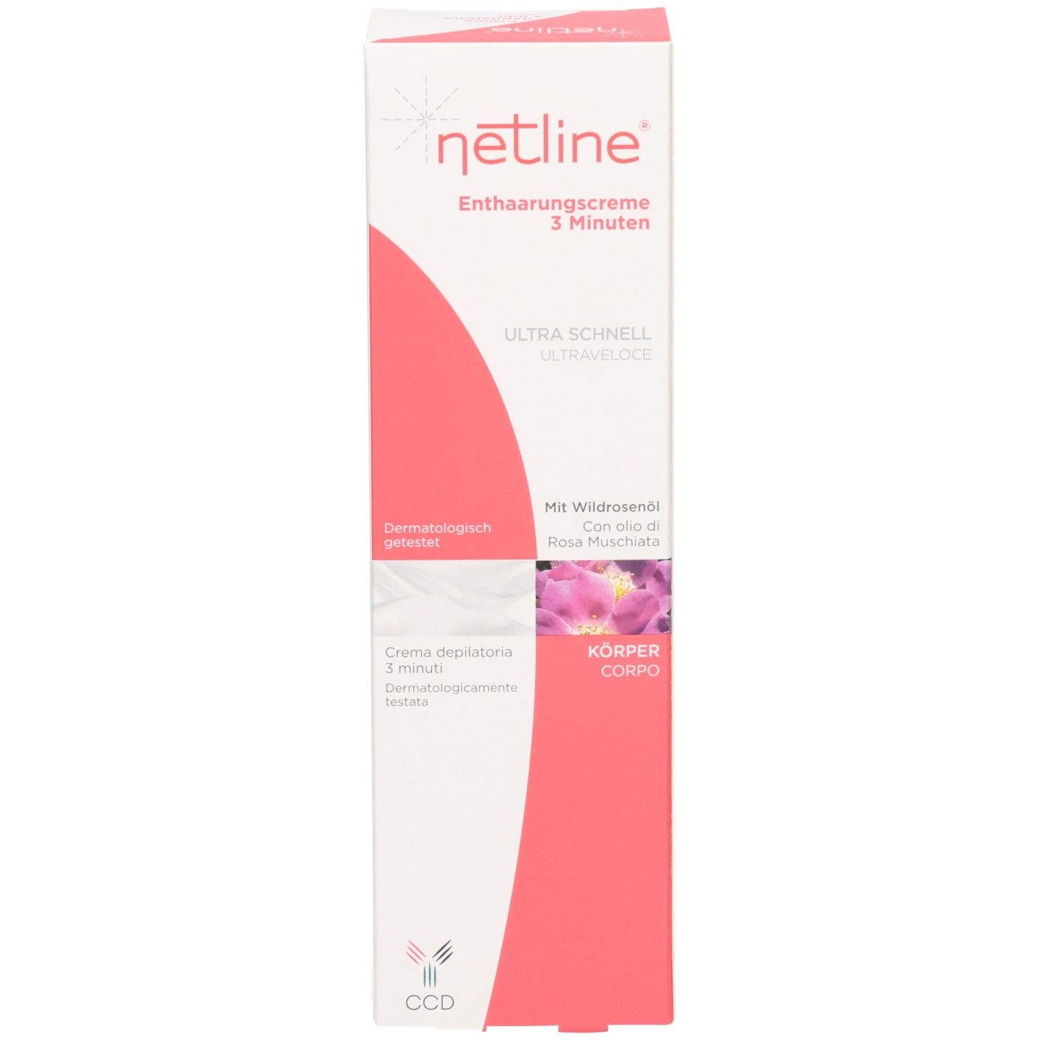 Boîte pliante Netline Crème dépilatoire 3 minutes avec liste des ingrédients.