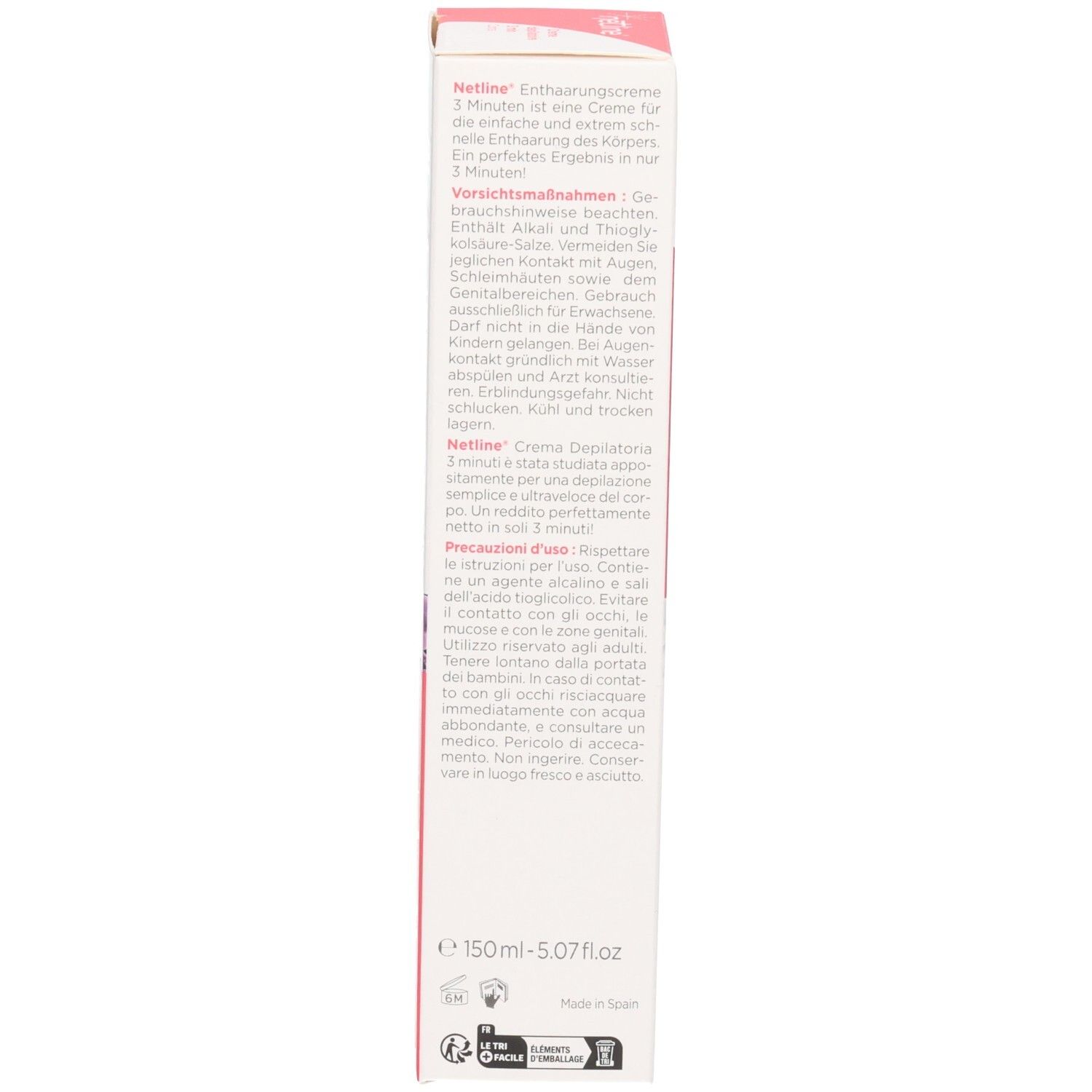 Boîte pliante Netline Crème dépilatoire 3 minutes avec motif rose et texte.