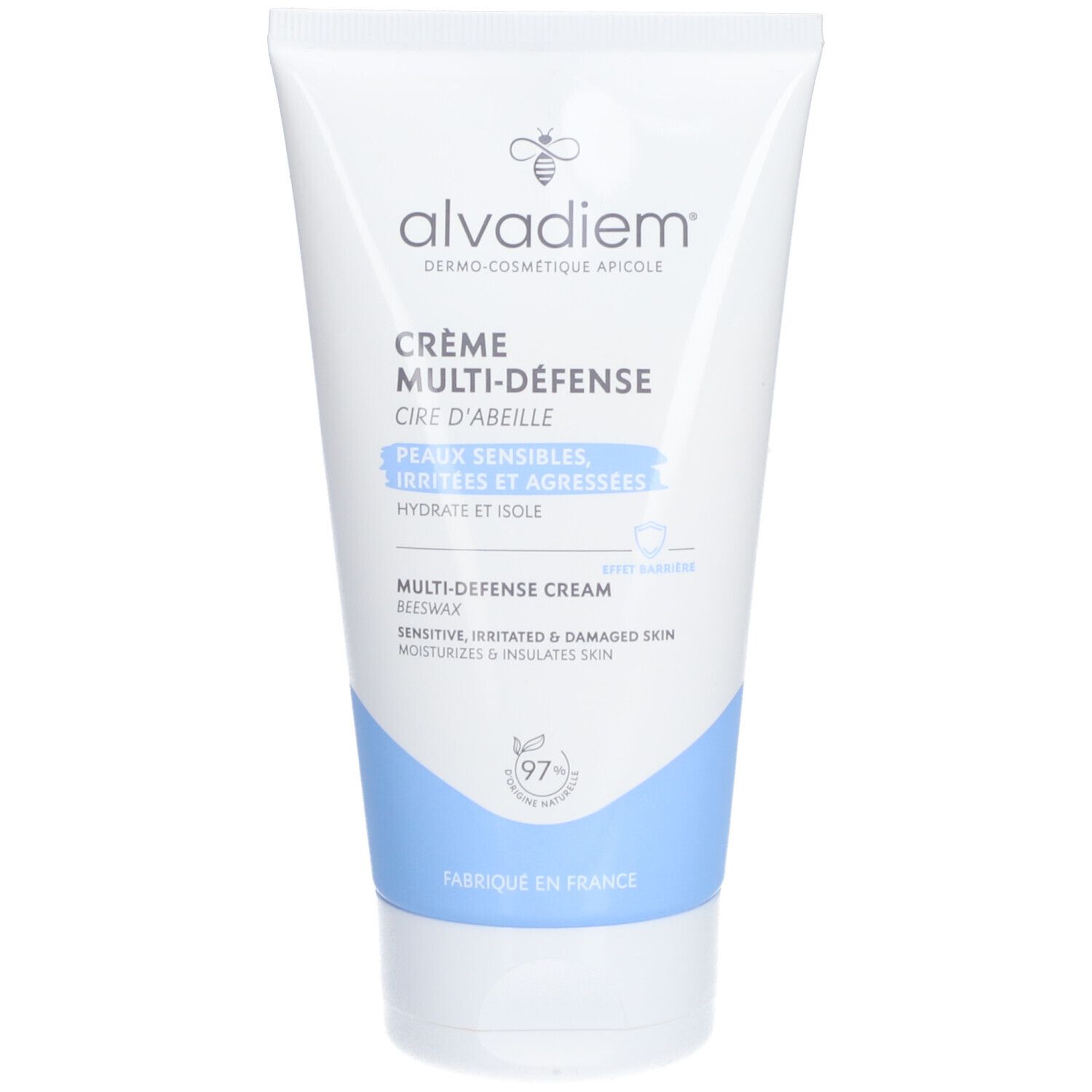 Tube de crème Alvadiem Multi-Défense. Tube blanc avec texte bleu. Contient de la cire d'abeille. Ingrédients naturels à 97%.