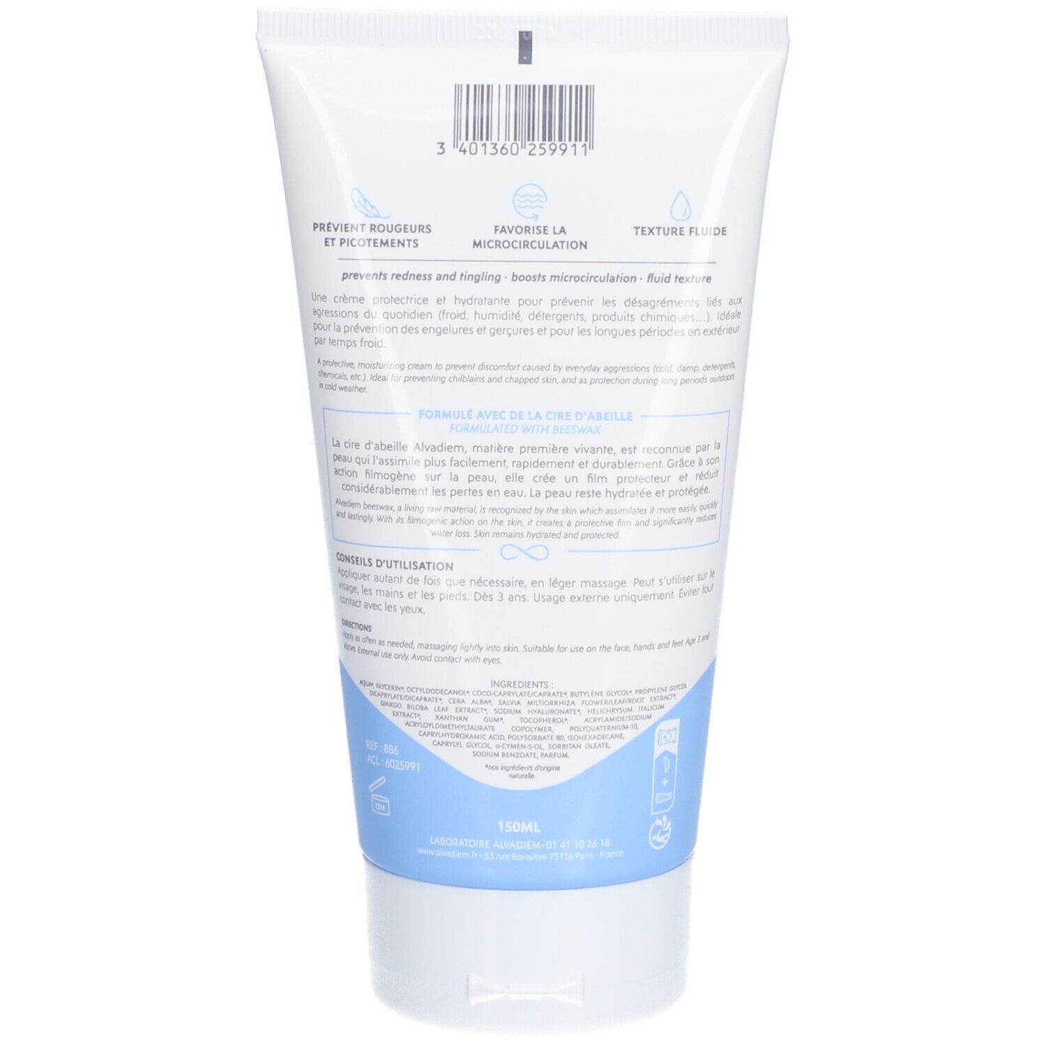 Dos du tube Alvadiem Crème Multi-Défense. Texte en français. Code-barres en haut. Contient de la cire d'abeille. 150ml.