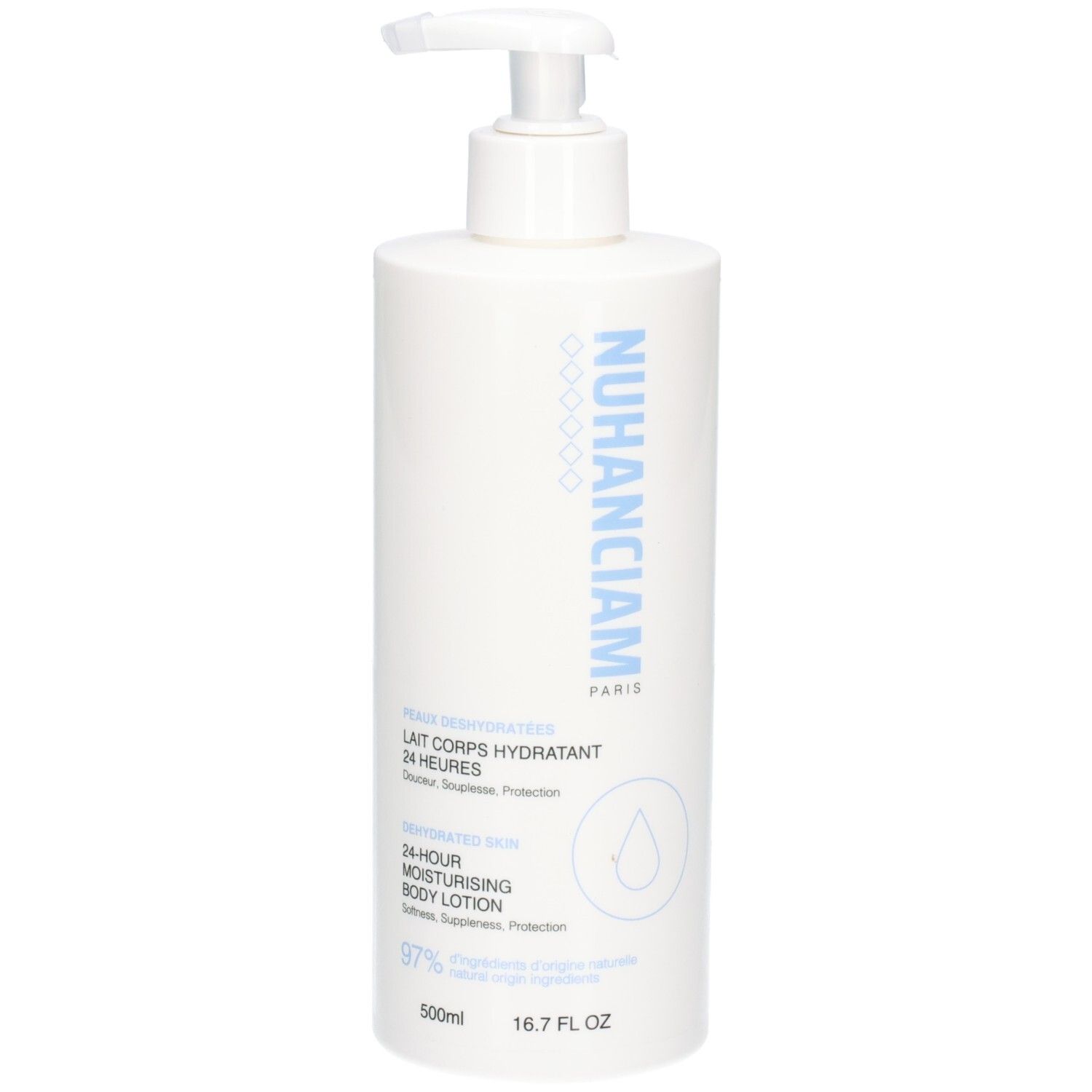Flacon pompe blanc Nuhanciam Lait Corps Hydratant 24 Heures, 500ml.
