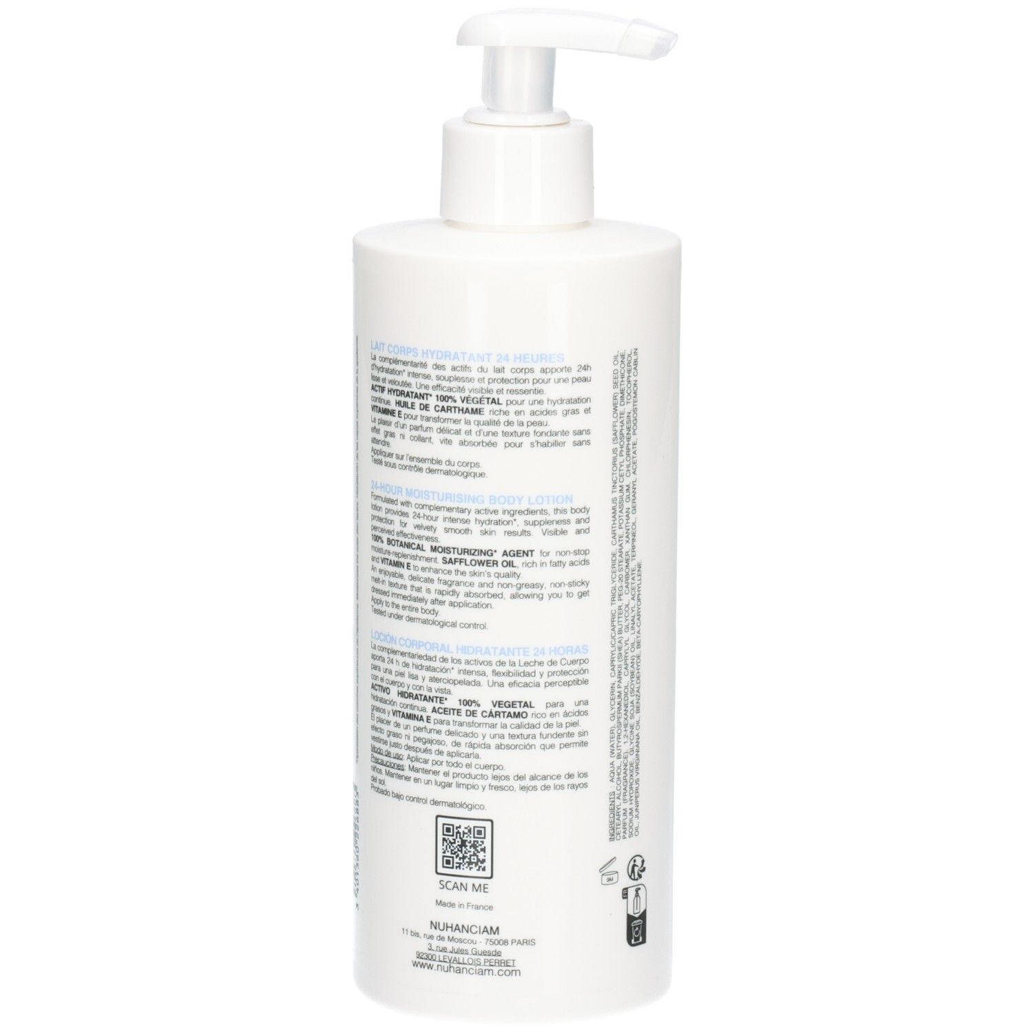 Arrière d'un flacon pompe blanc Nuhanciam Lait Corps Hydratant 24 Heures avec texte et QR code.