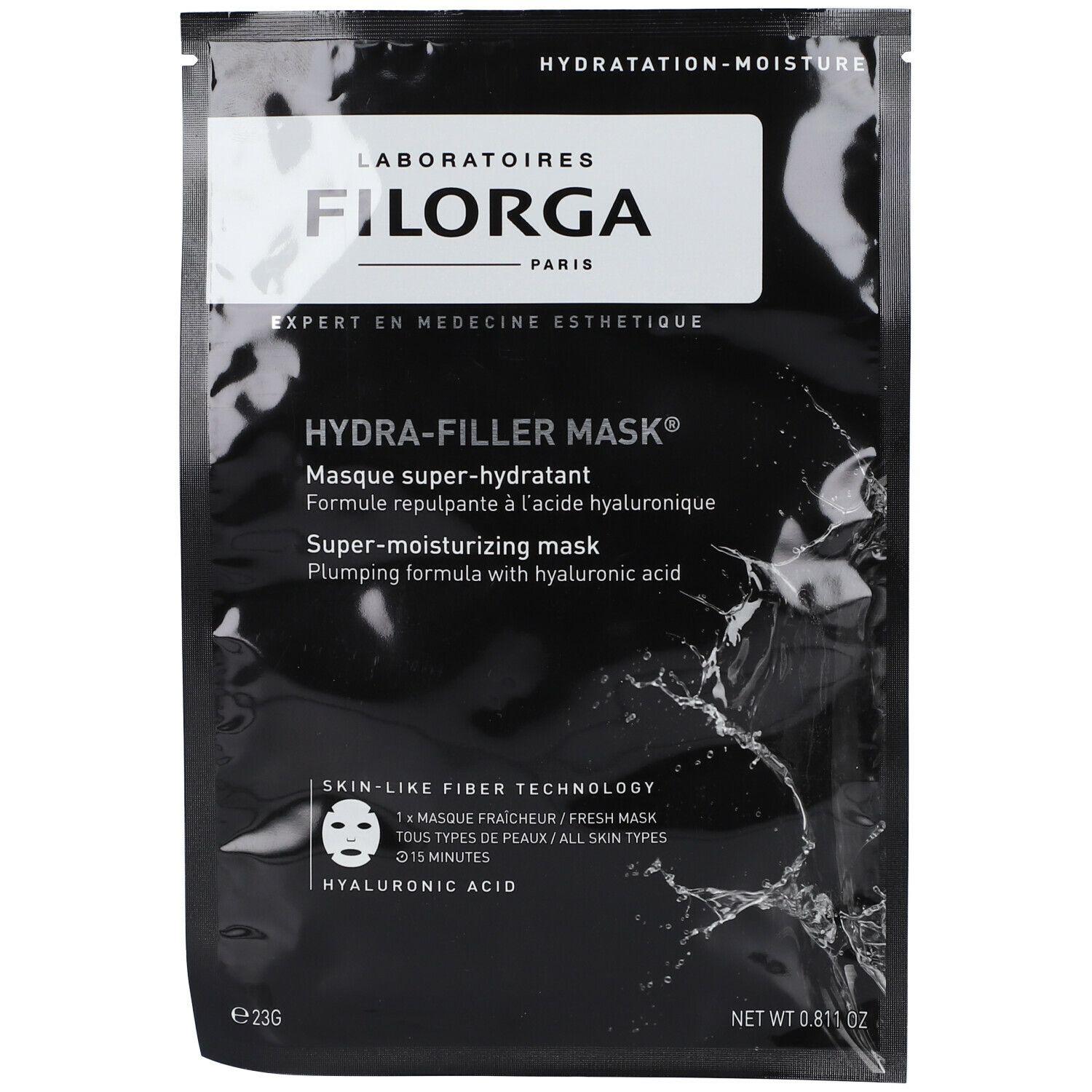 Sachet noir. Texte: HYDRA-FILLER MASK, FILORGA. Contient de l'acide hyaluronique. Technologie fibre peau.