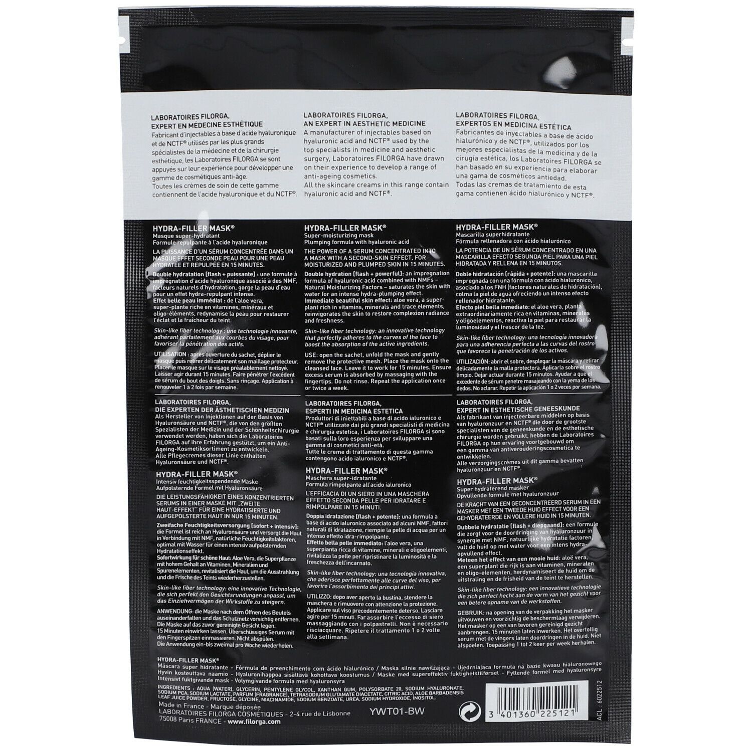 Dos du sachet noir. Texte multilingue. Nom du produit: HYDRA-FILLER MASK. Informations d'utilisation.